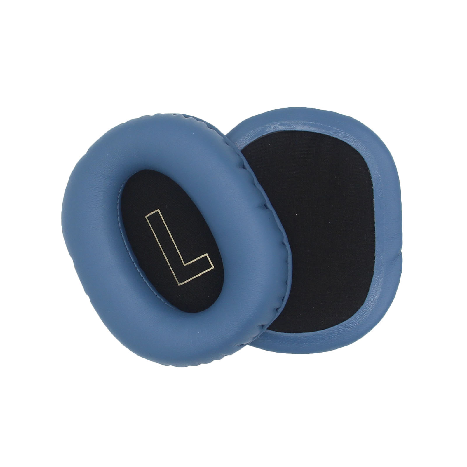 Due cuscinetti auricolari blu per cuffie, con uno strato interno nero, su sfondo bianco.
