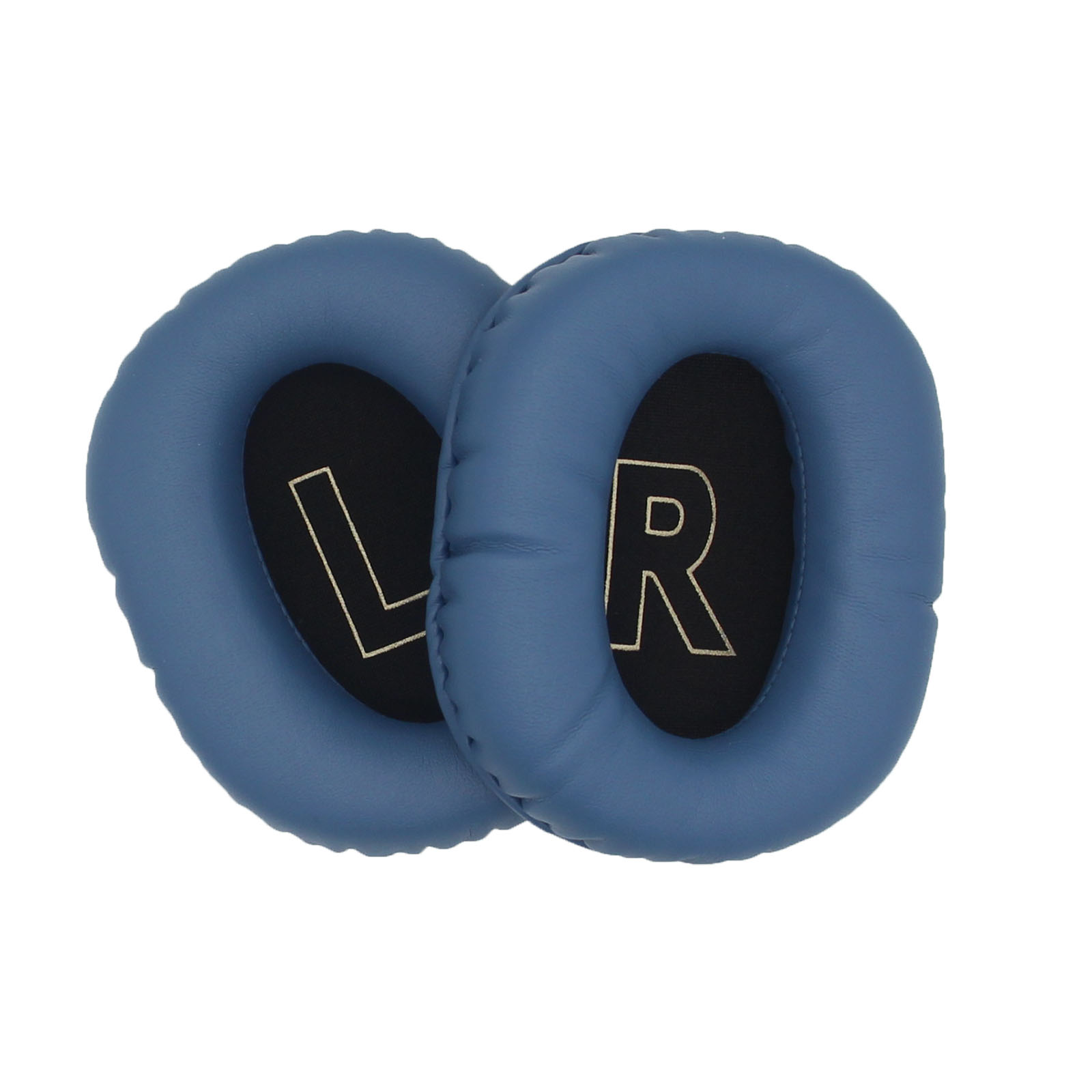 Due cuscinetti blu per cuffie con le lettere 'L' e 'R' al centro, neri all'interno.