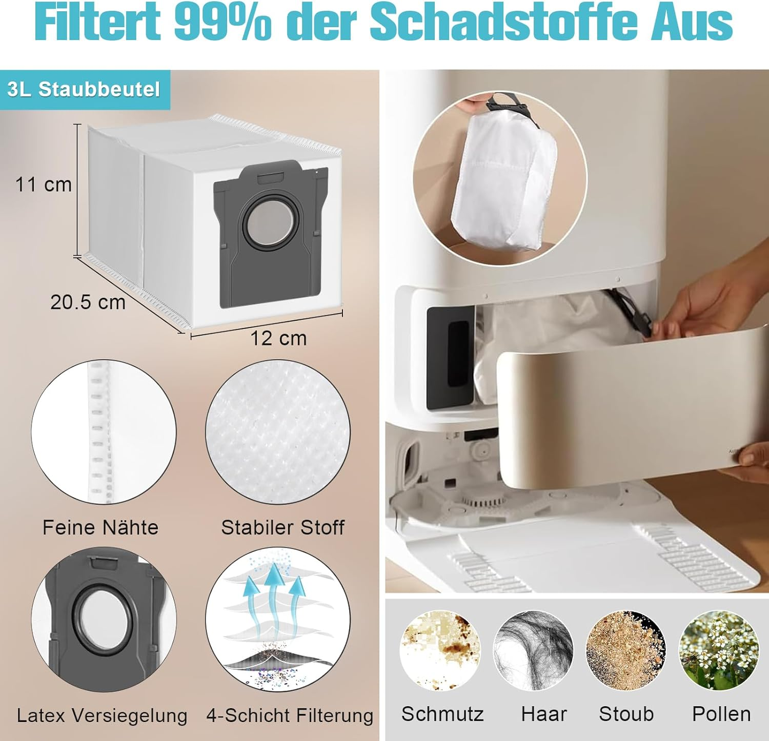 Biały worek do odkurzacza z wymiarami, oznaczonymi cechami i szczegółami filtracji, symbolami kurzu, włosów, pyłków.