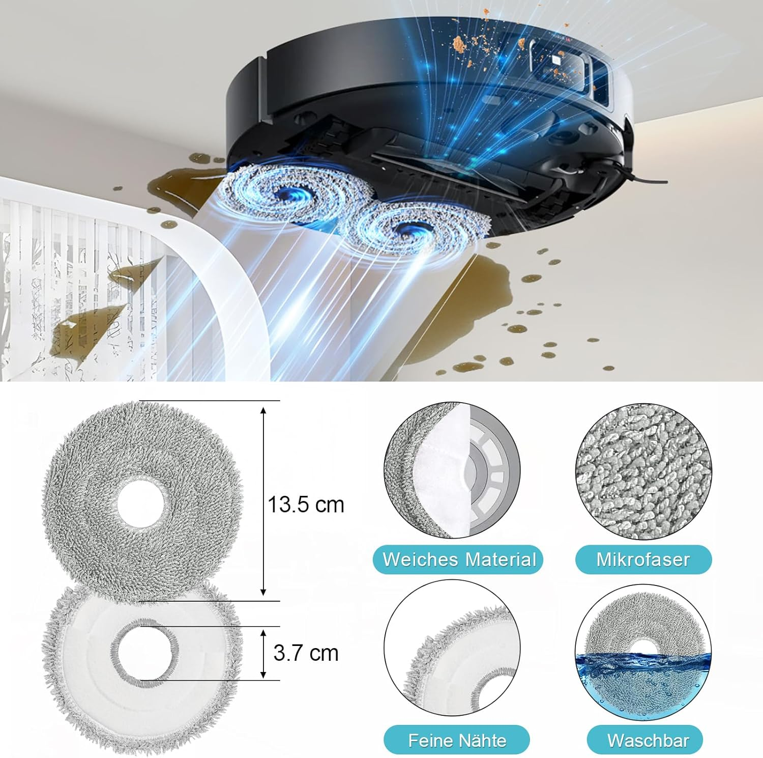 Robot sprzątający czyszczący podłogę. Pokazano zbliżenia padów czyszczących i ich wymiary.