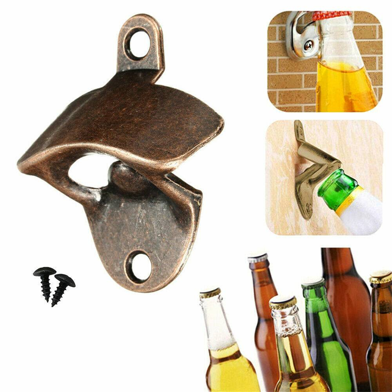 Ein bronzefarbener Flaschenöffner mit Schrauben und Flaschen. Drei Ansichten werden gezeigt.