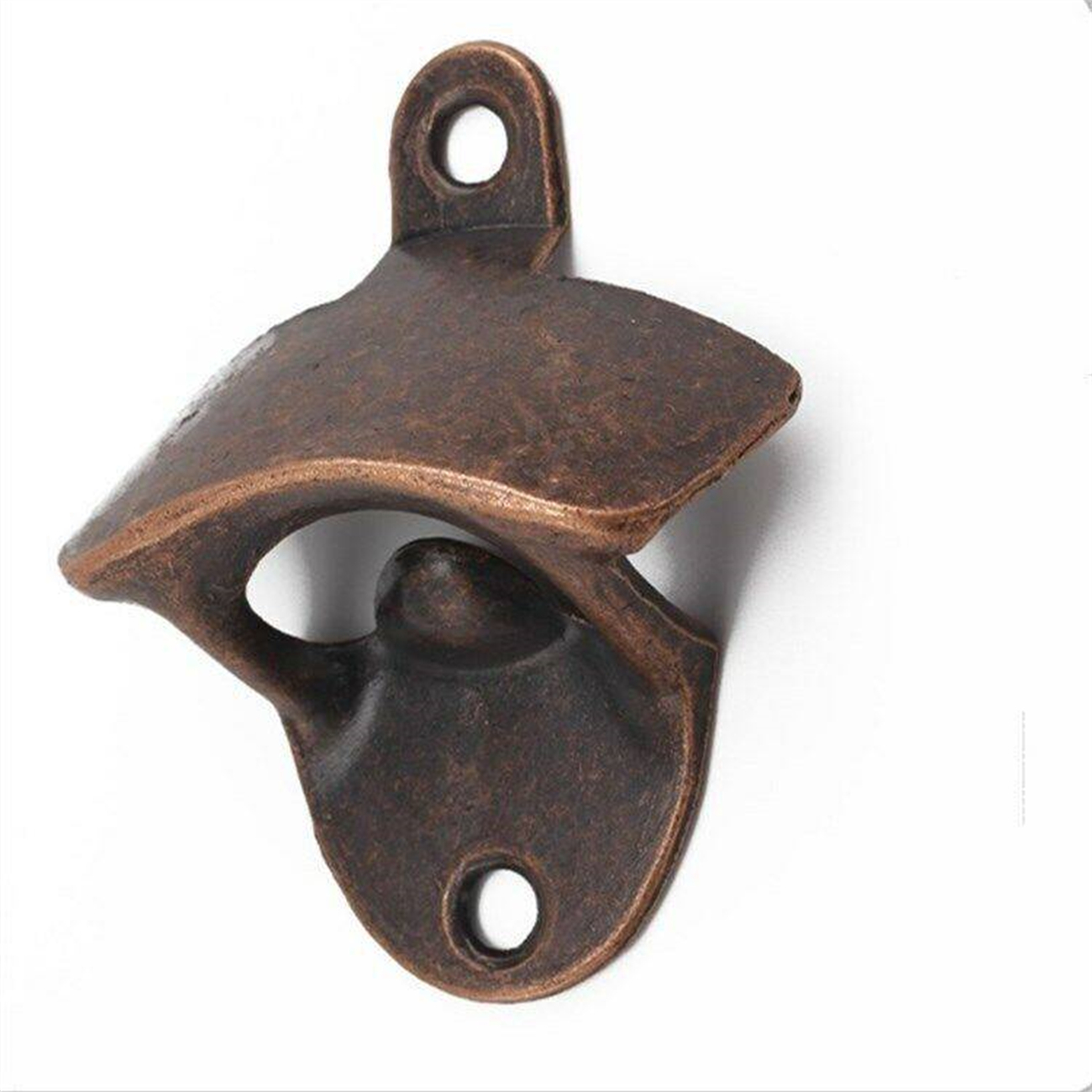 Ein bronzefarbener Flaschenöffner. Wandmontage, geschwungenes Design, Loch zum Aufhängen.