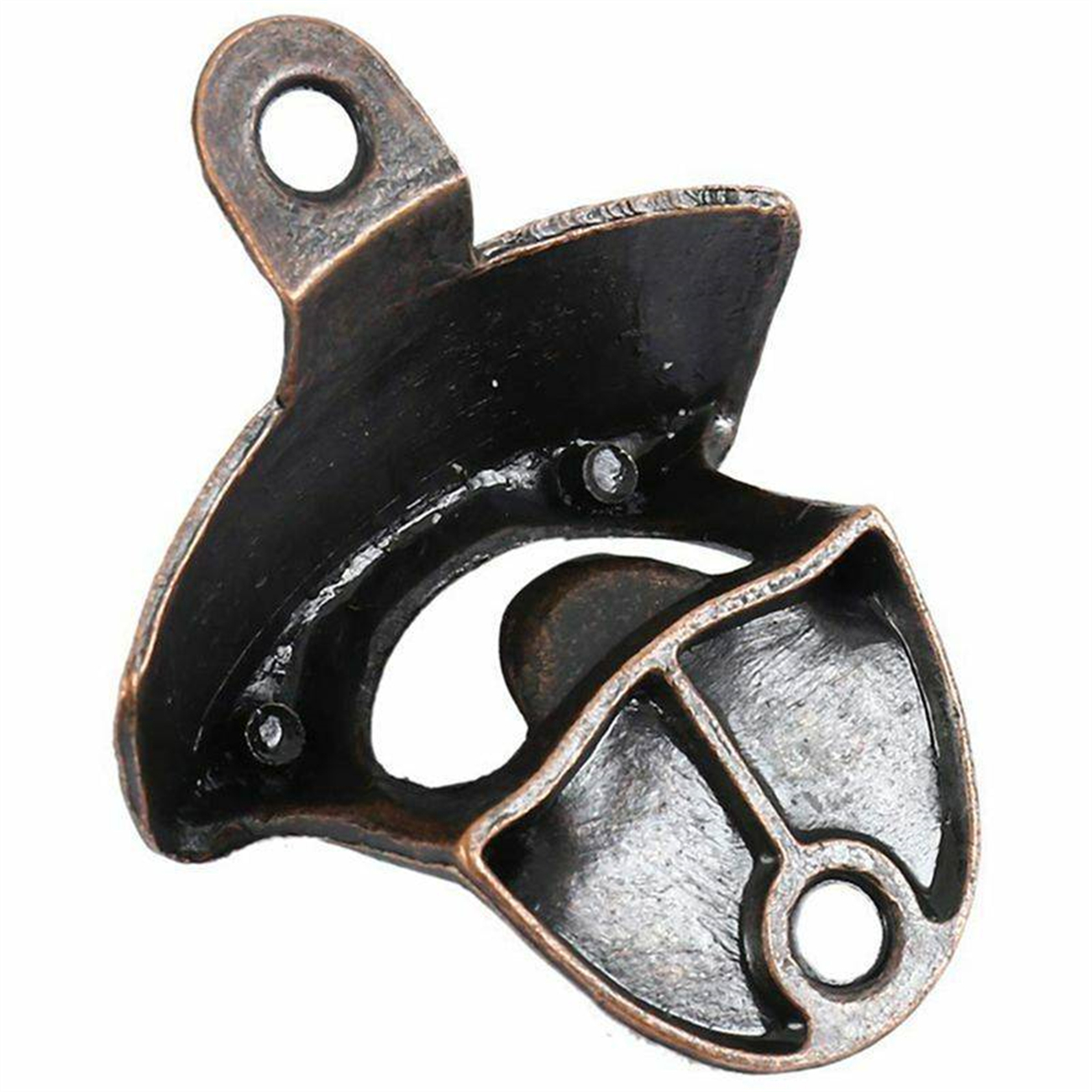 Ein bronzefarbener Flaschenöffner mit Befestigungsloch und geschwungenem Design.