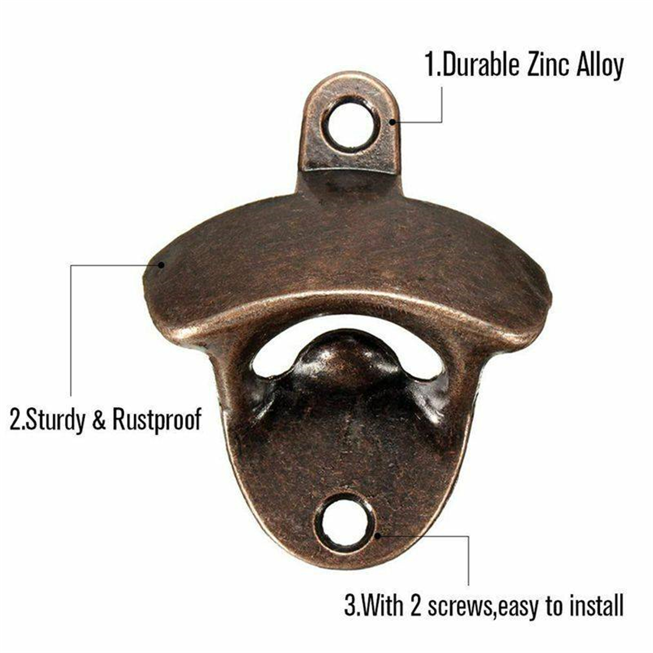Bronzener Flaschenöffner mit dem Text "1. Durable Zinc Alloy" und "2. Sturdy & Rustproof".