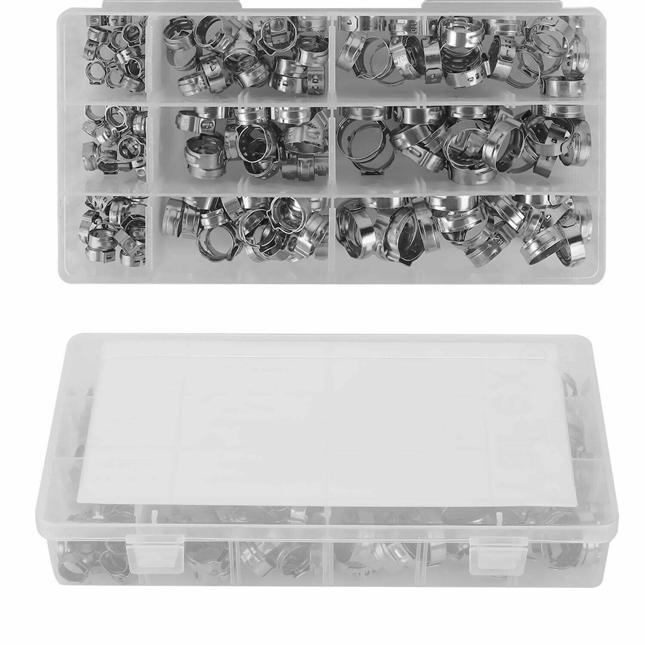 Eine transparente Plastikbox gefüllt mit Metallschlauchschellen. Die Klemmen sind in verschiedenen Größen.