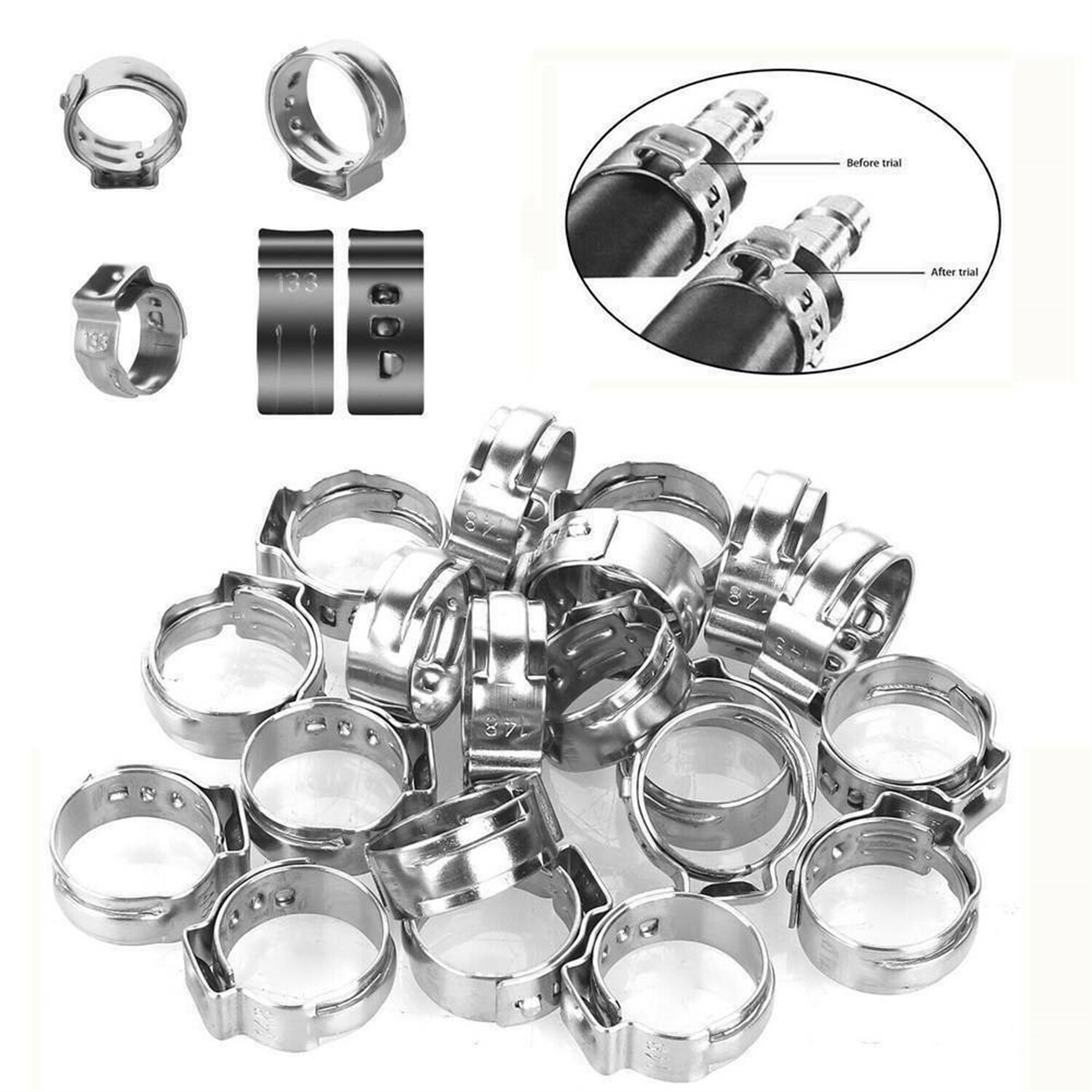 Verschiedene Metallschlauchschellen in verschiedenen Konfigurationen, die verschiedene Größen und Anwendungen zeigen.