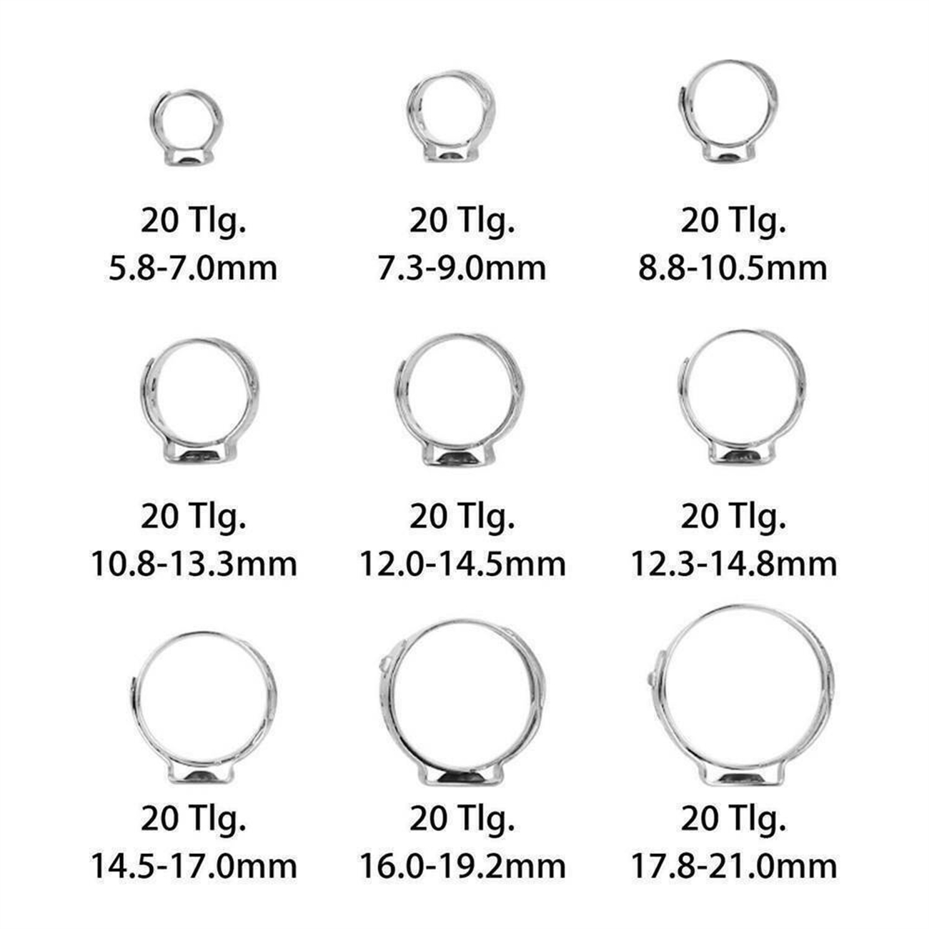 Neun silberne Ringe in verschiedenen Größen auf weißem Hintergrund mit Größenangaben.