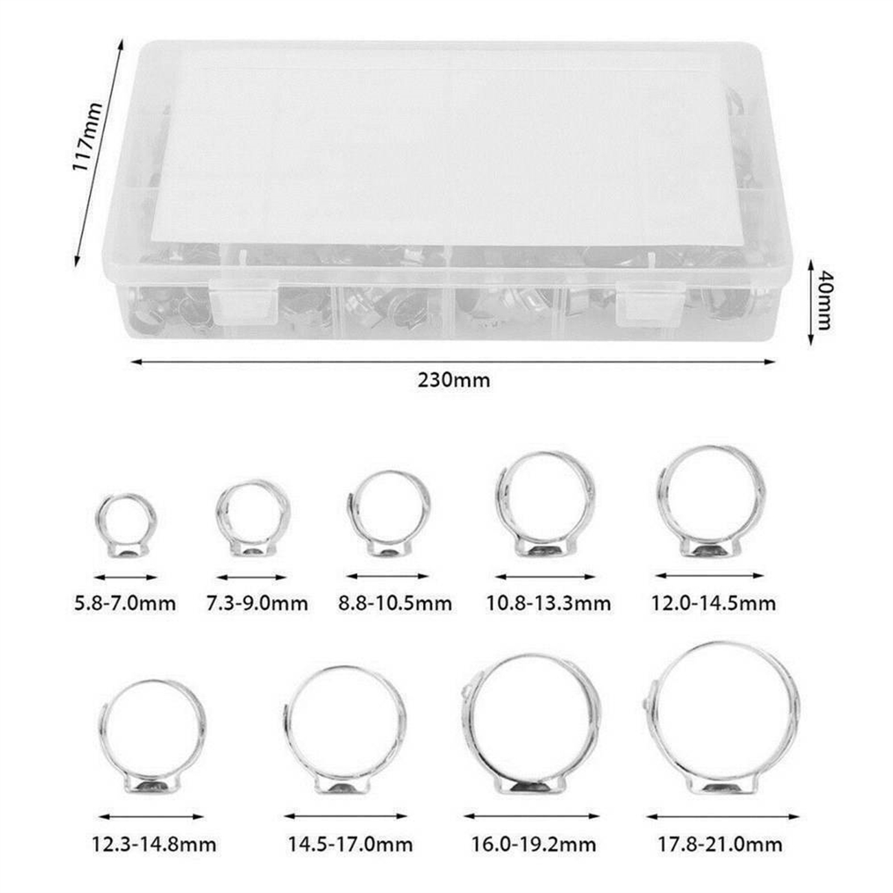 Eine transparente Kunststoffbox mit Ringen in verschiedenen Größen. Größen sind in Millimetern angegeben.