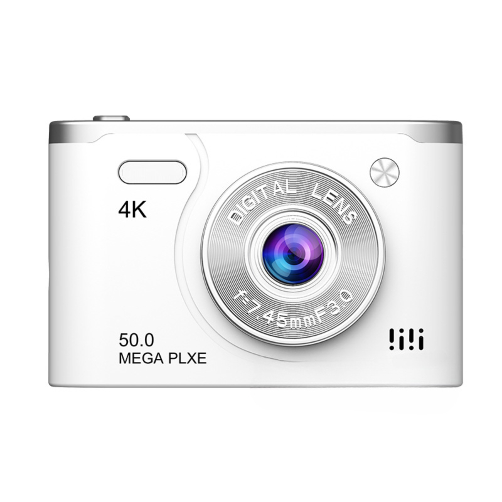 Weiße Digitalkamera mit 4K, 50.0 MEGA PLXE und einem digitalen Objektiv.