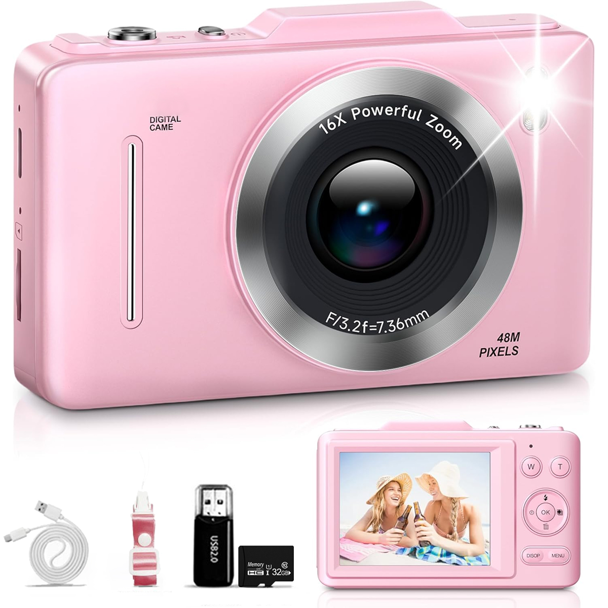Fotocamera digitale rosa con obiettivo e schermo. Ha un cavo USB e una scheda SD.