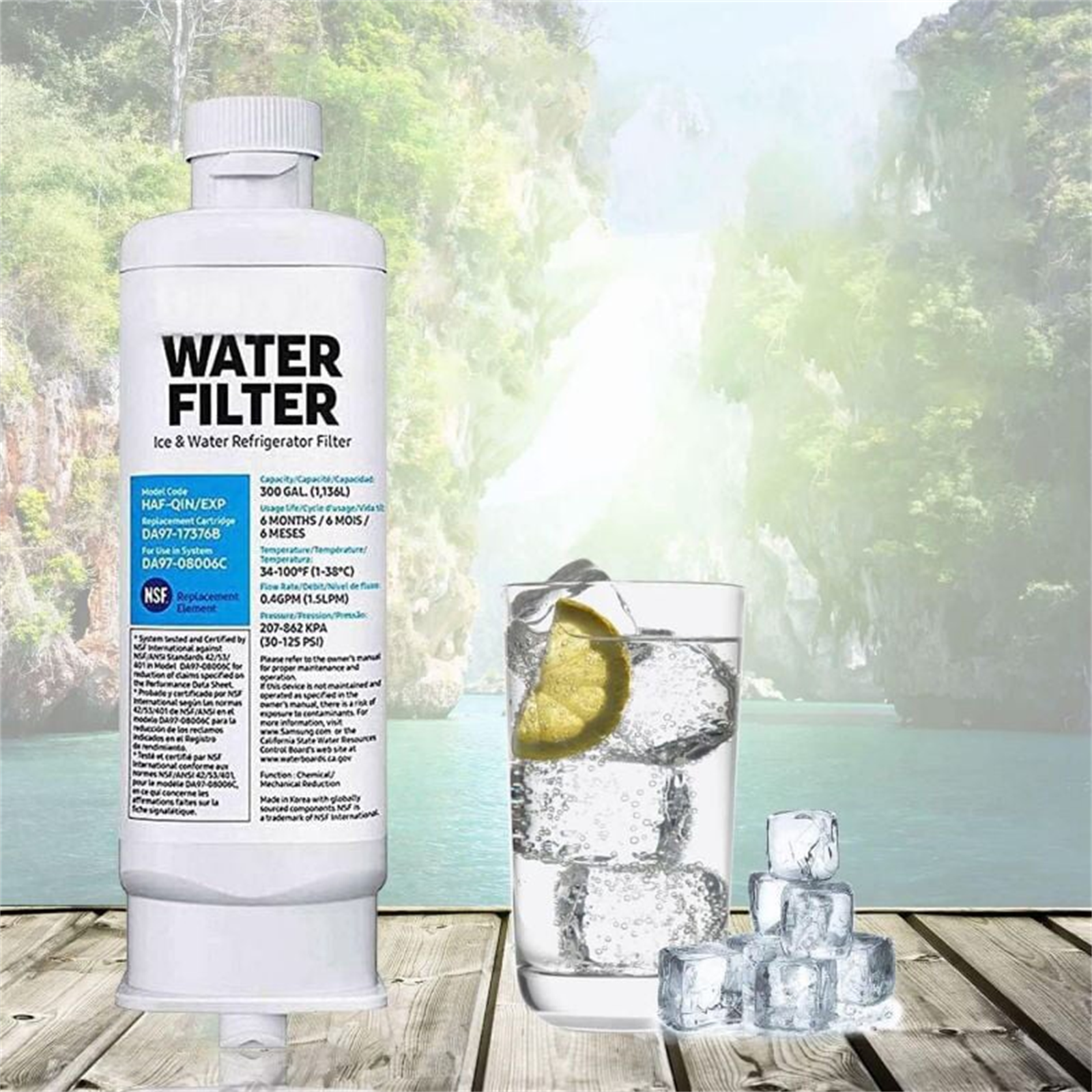 Wasserfilterflasche mit einem Glas Wasser, Eiswürfeln und einer Zitronenscheibe. Der Hintergrund ist eine natürliche Szene.