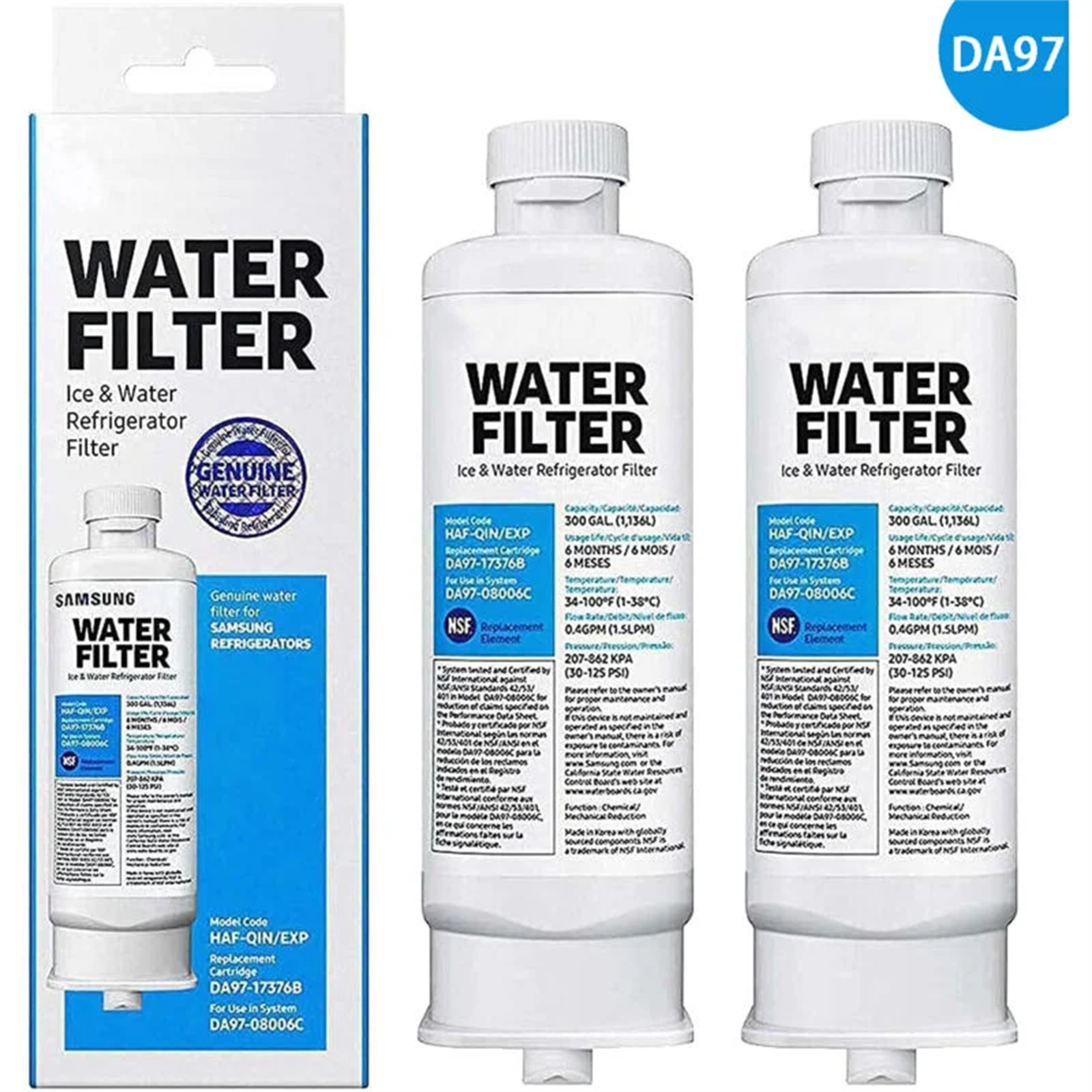 Drei Wasserfilterpatronen in einer Box. Die Verpackung zeigt das Produkt und den Text: Ice & Water Refrigerator Filter.