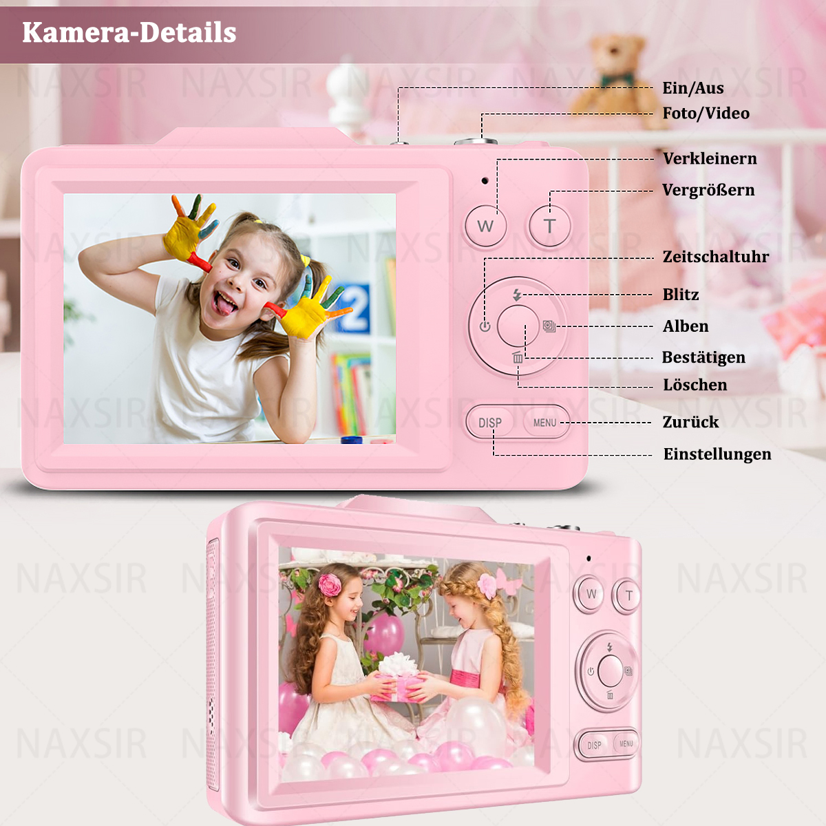 Fotocamera digitale rosa con una ragazza che alza le mani con la vernice. Un'altra foto mostra due ragazze con palloncini.