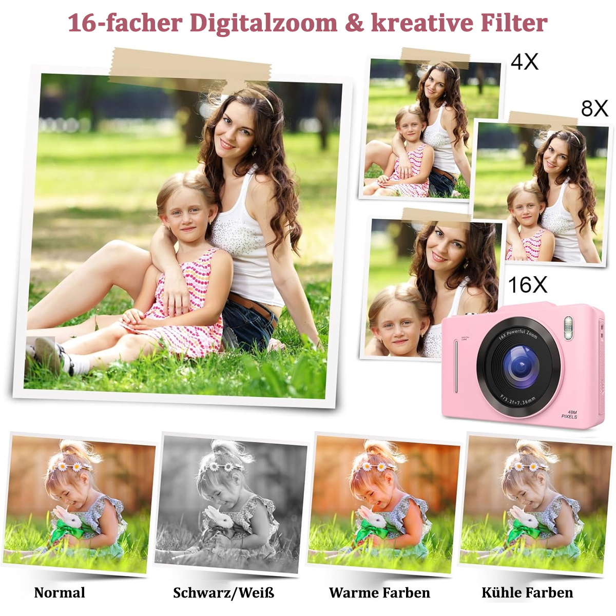 Una ragazza e una donna con una fotocamera rosa mostrano diverse foto con zoom e filtro.