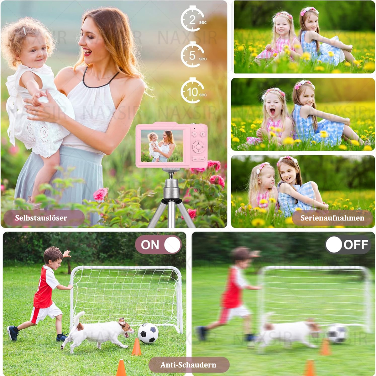Una madre e due bambini scattano foto con una fotocamera rosa.