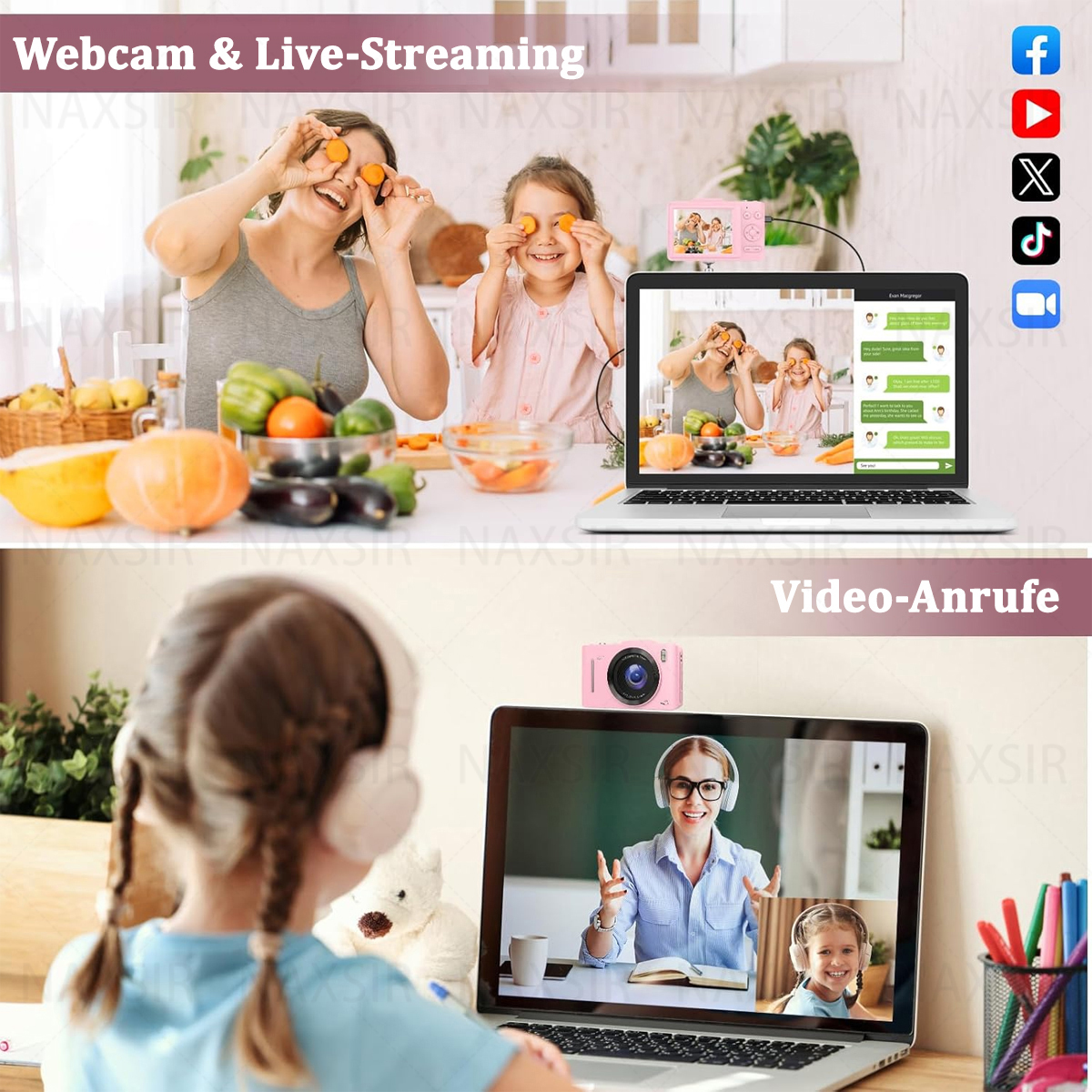 Una madre e la figlia sono in videochiamata. Un laptop e una webcam rosa sono configurati per lo streaming live.