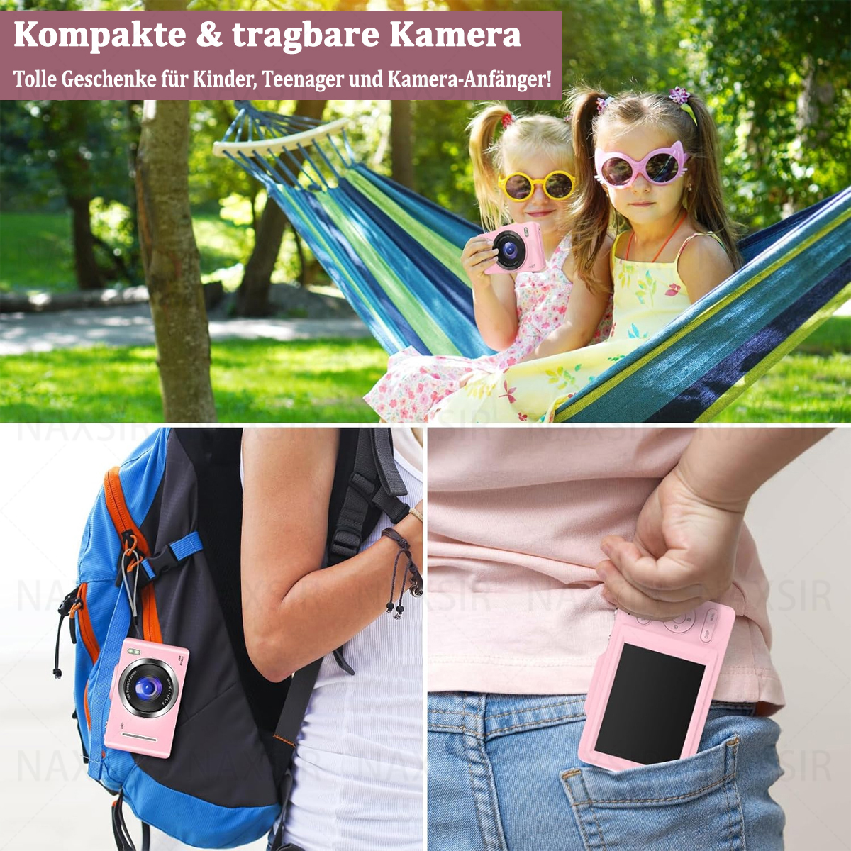 Due ragazze con fotocamere, una in un'amaca, l'altra in tasca. Vengono mostrate fotocamere rosa.