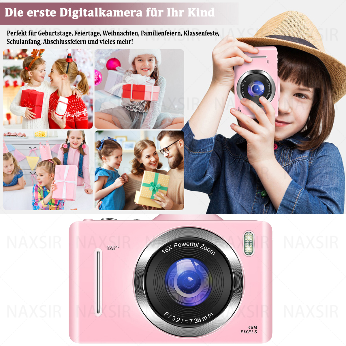 Un bambino tiene in mano una fotocamera rosa, circondato da foto di bambini con regali e familiari, su sfondo bianco.