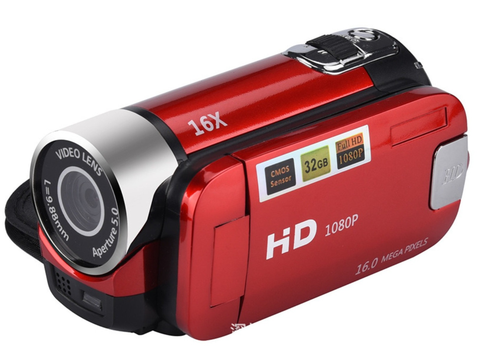 Rote Digitalkamera mit 16-fachem Zoom und HD 1080p auf weißem Hintergrund.