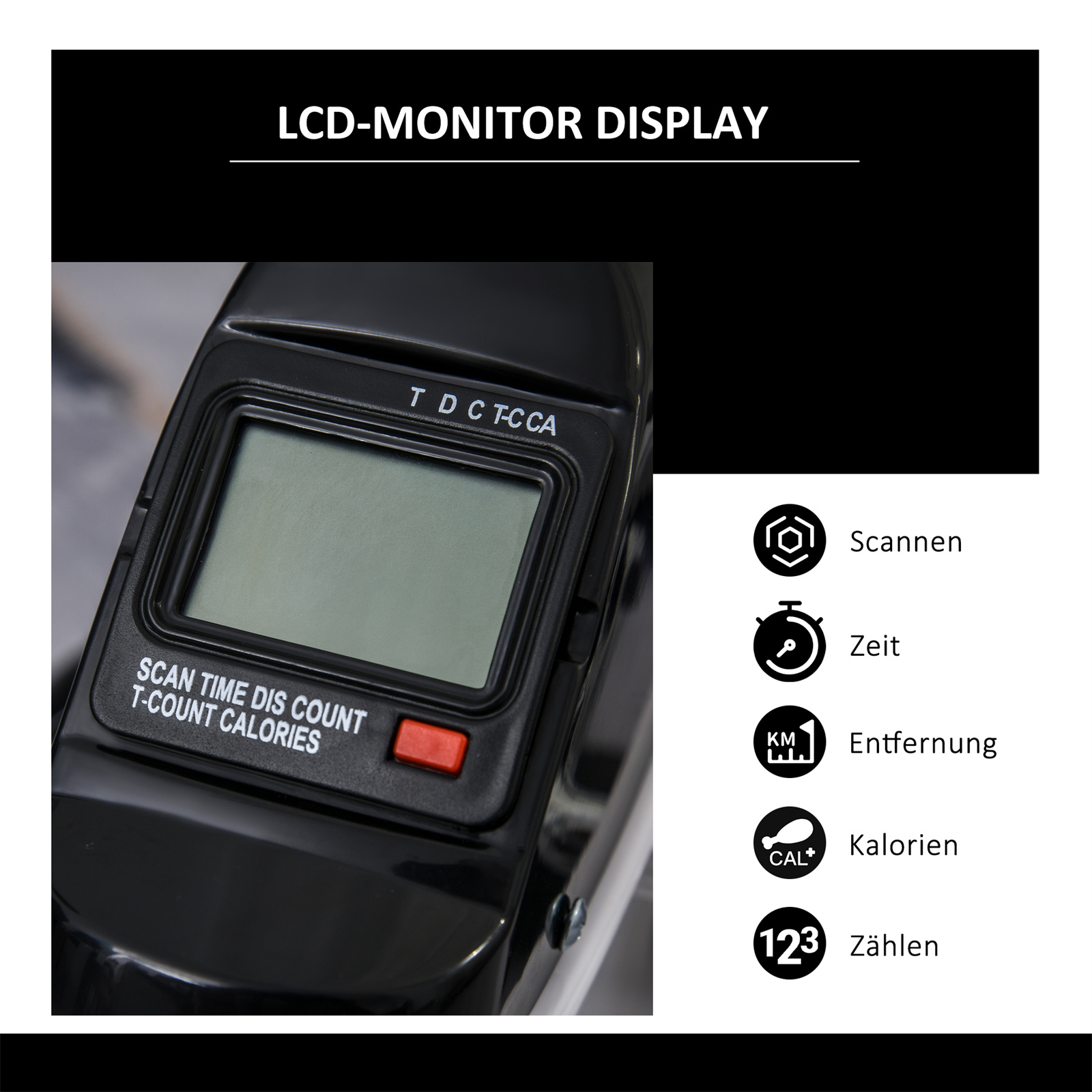 Schwarzes LCD-Monitor-Display mit Symbolen für Scan, Zeit, Distanz, Kalorien und Zählen.