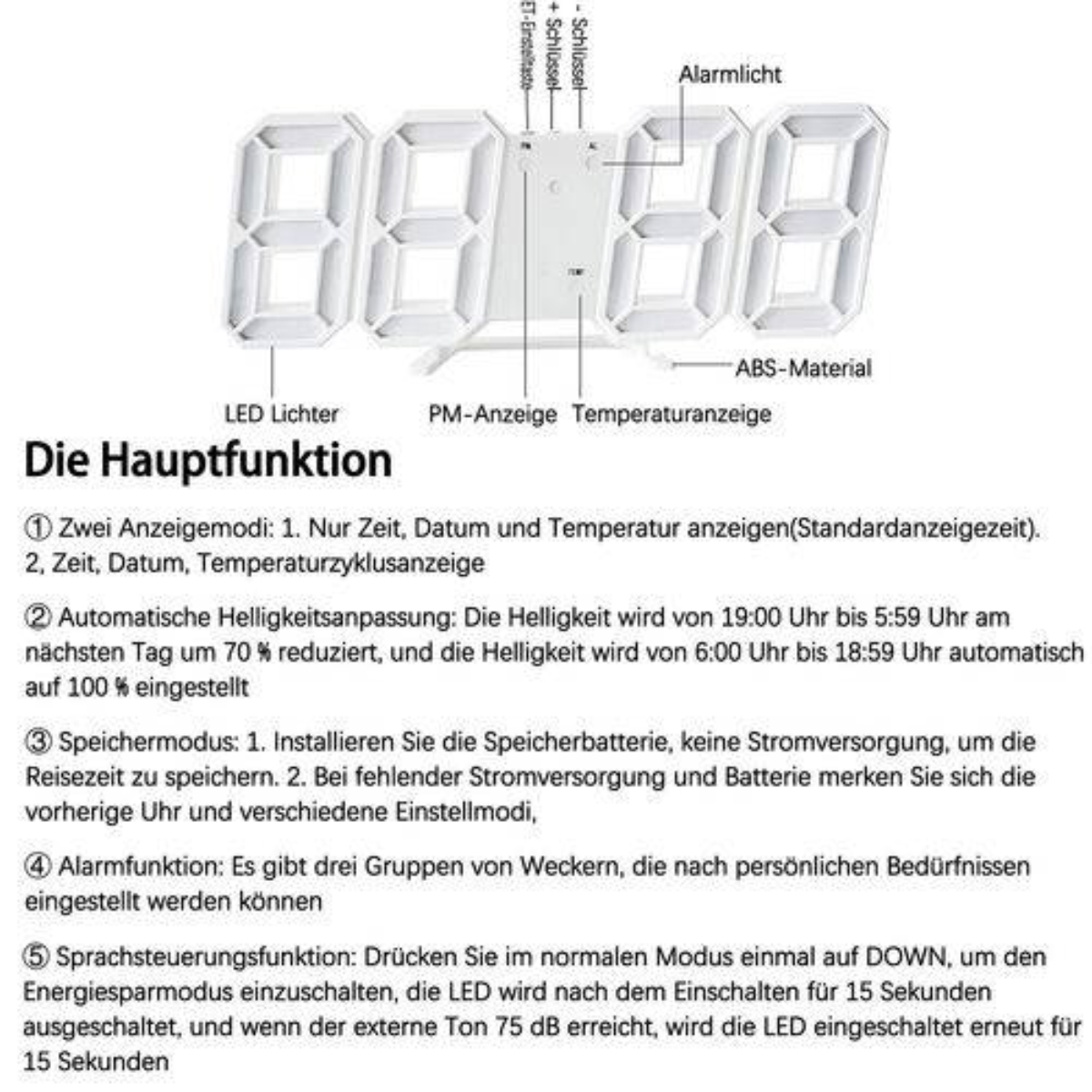Detaillierte Infografik einer Digitaluhr mit weißen Ziffern, die verschiedene Funktionen auf Deutsch zeigt.