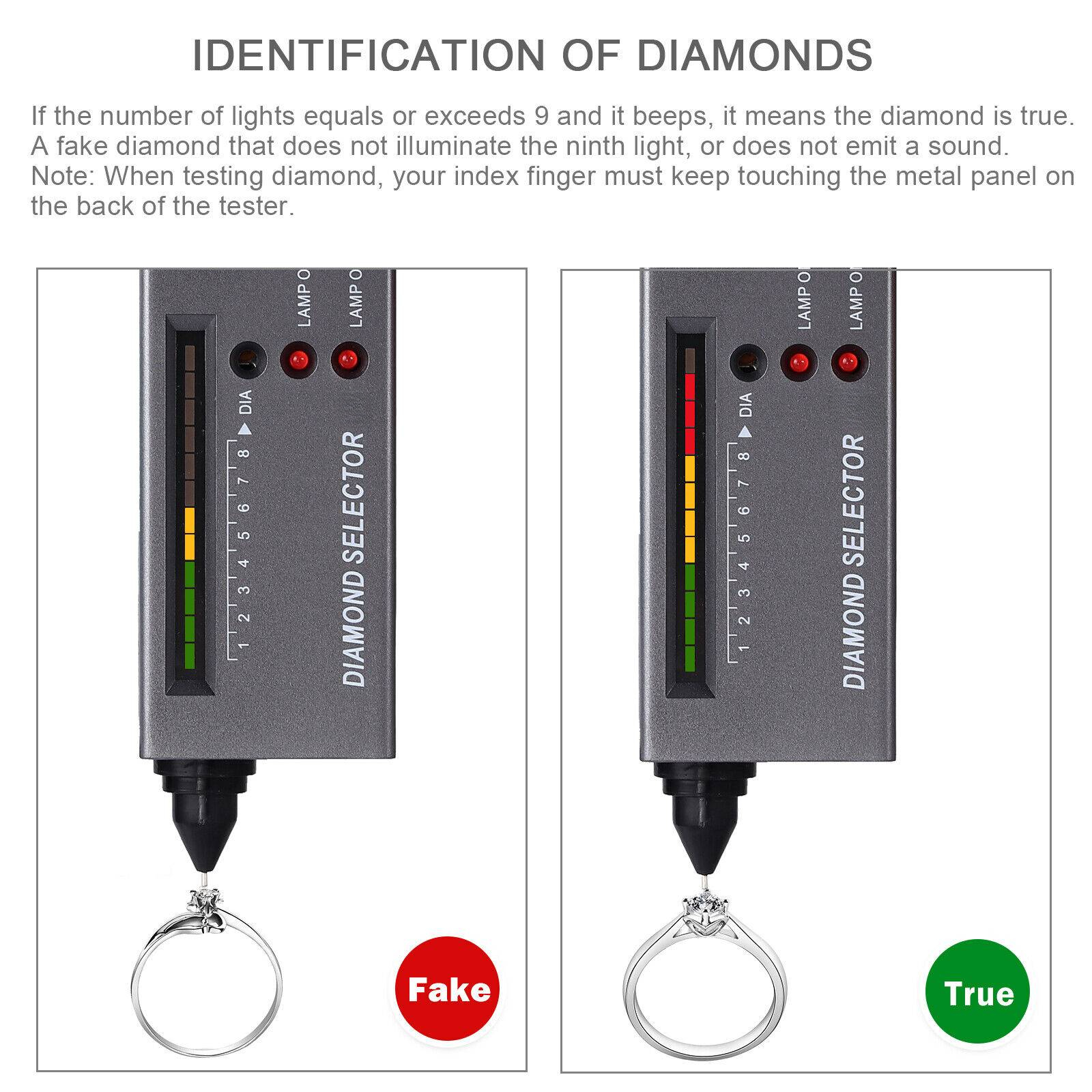 Diamanttester mit zwei Ringen, einer markiert mit 'Fake', der andere 'True'. Anweisungen enthalten. Grauer Hintergrund.