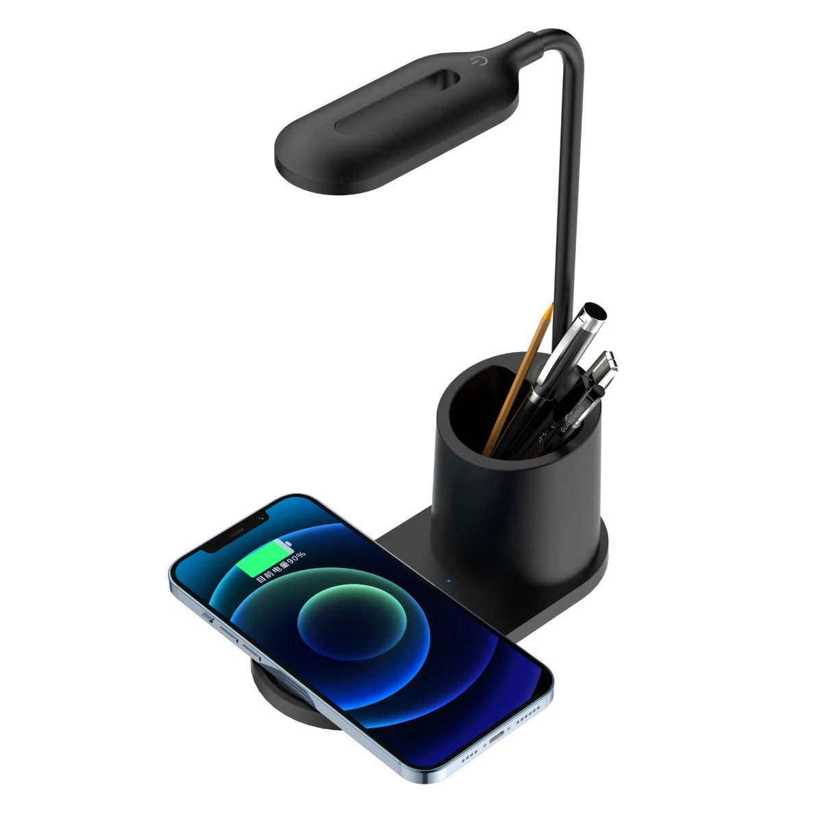 Schwarze Schreibtischlampe mit Telefonladung und Stifthalter, und ein Smartphone lädt kabellos.