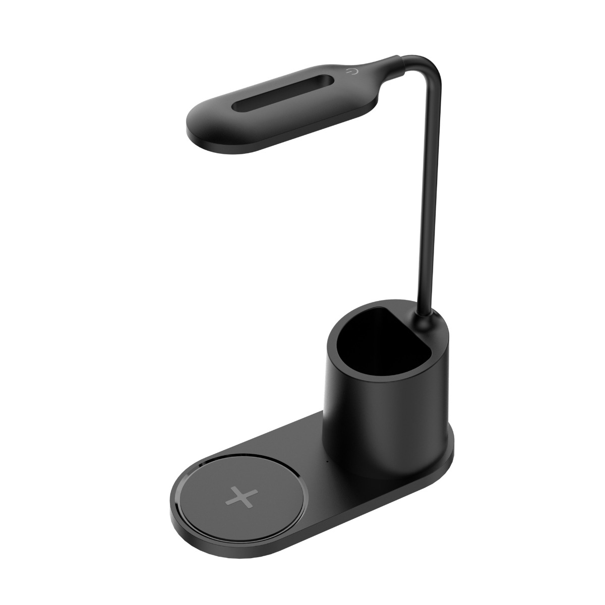 Eine schwarze Schreibtischlampe mit einem Stifthalter, einem kabellosen Ladepad und einem flexiblen Leuchtenkopf.
