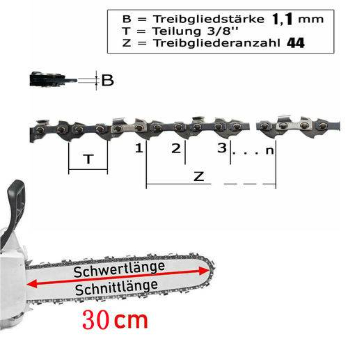 Diagramm einer Kettensägenkette mit Maßen und Beschriftungen.
