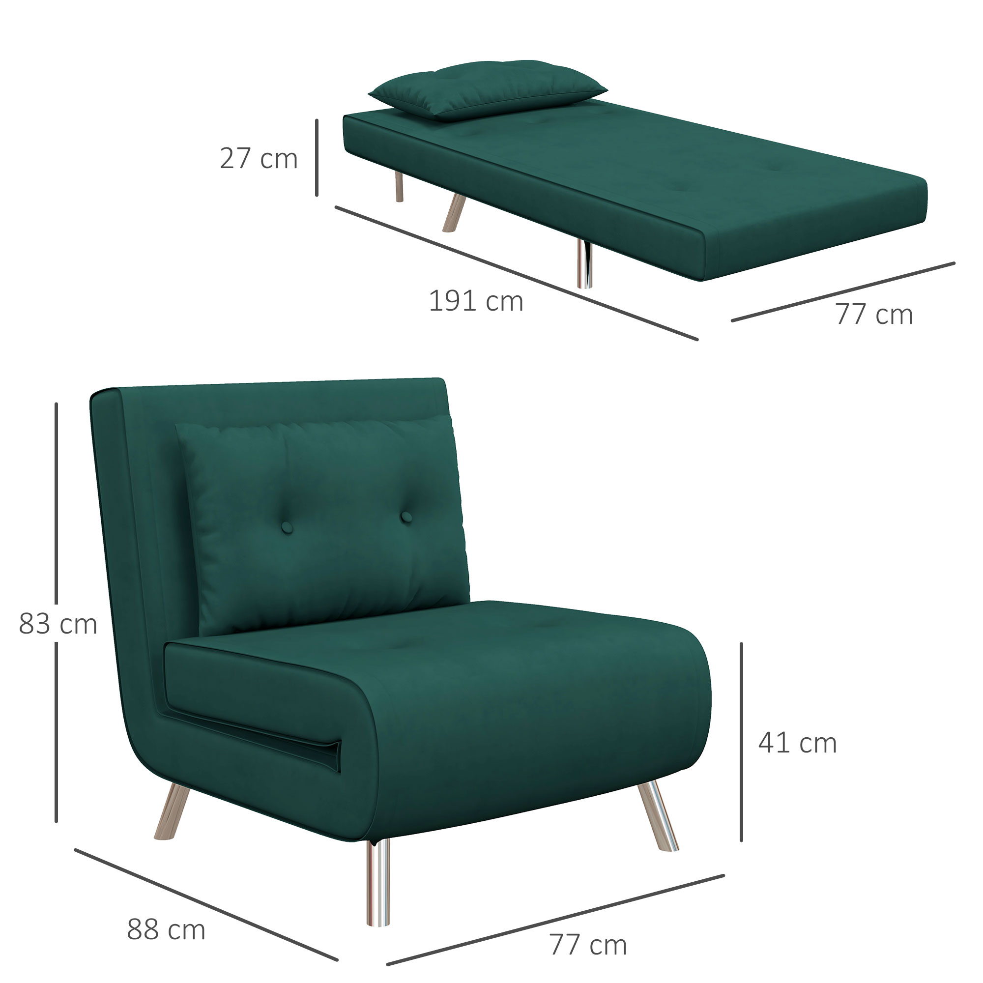 Ein grüner Sofasessel und ein Bett mit Abmessungen. Der Stuhl hat ein Kissen.