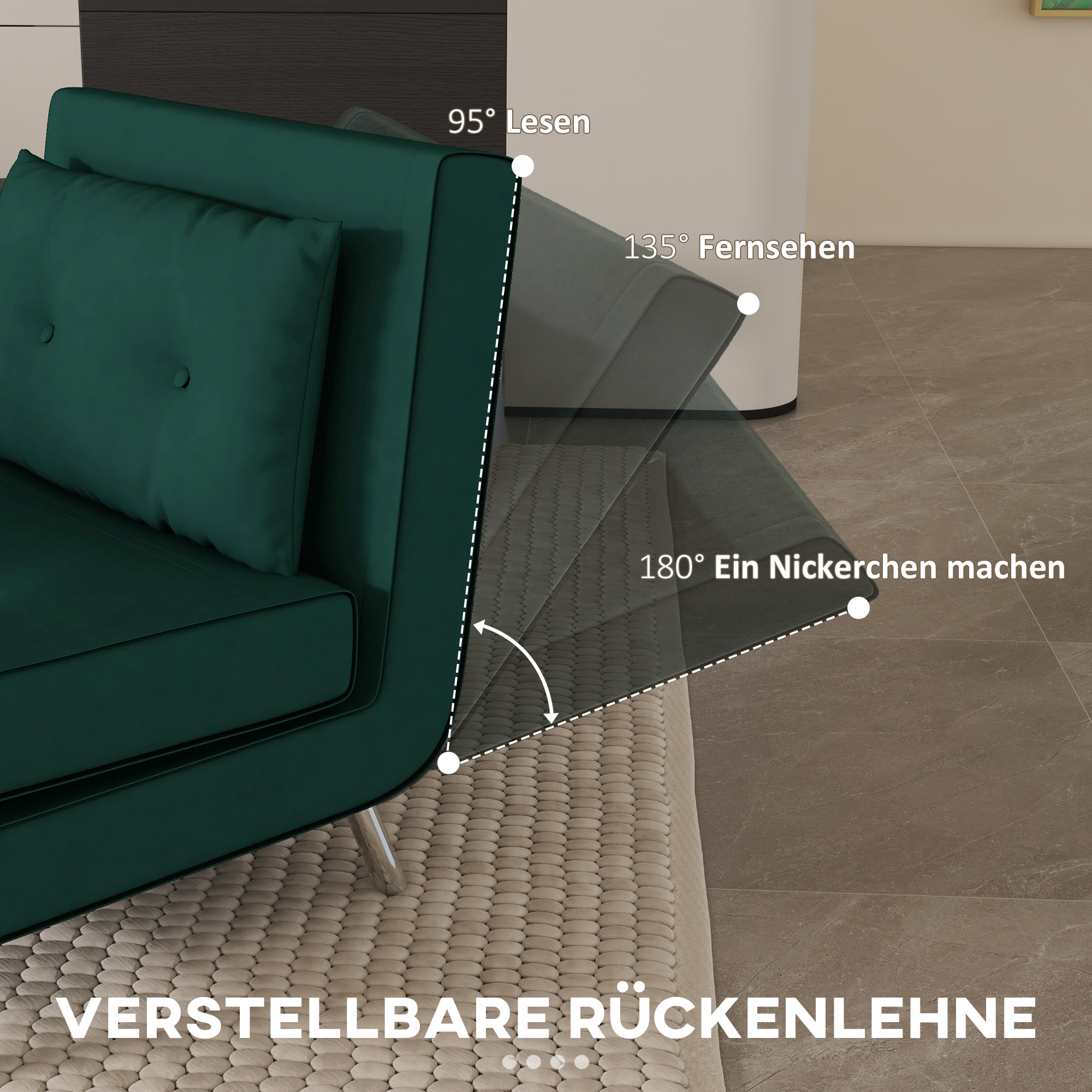 Grünes Sofa mit verstellbarer Rückenlehne, das Winkel zum Lesen, Fernsehen und Nickerchen zeigt.