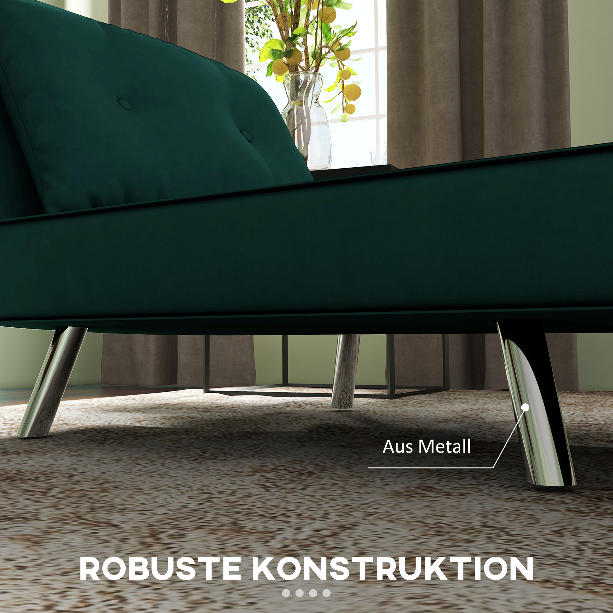 Grünes Futon mit Metallbeinen. Text: Robuste Konstruktion. Brauner gemusterter Teppich.
