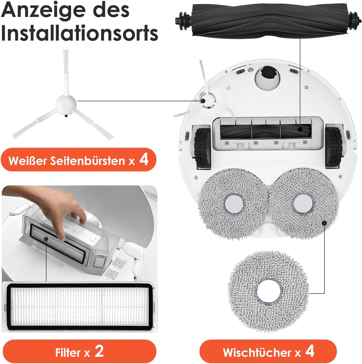 Un aspirapolvere robot con parti rimosse è visualizzato. Vengono mostrati filtri, spazzole e panni per la pulizia.