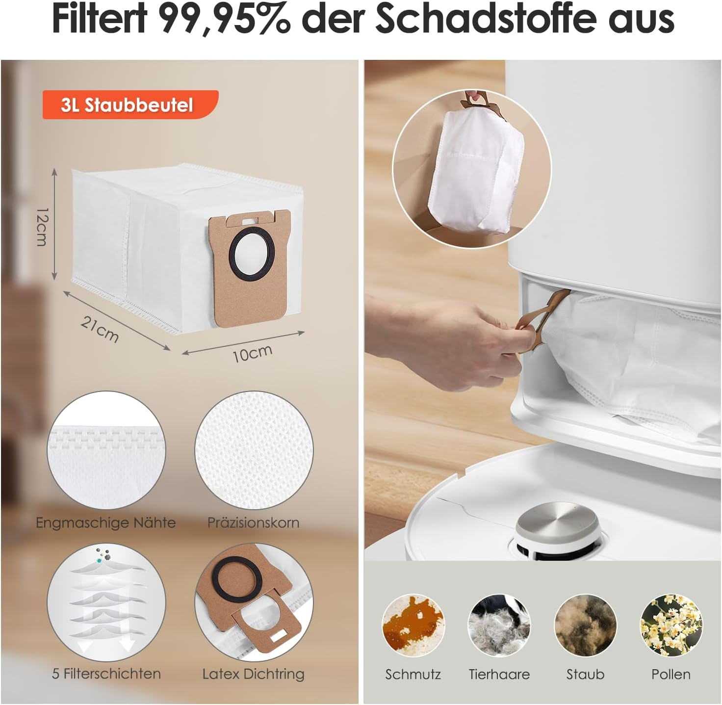 Sacco per aspirapolvere bianco con dimensioni, che mostra strati filtranti e tipi di sporco.