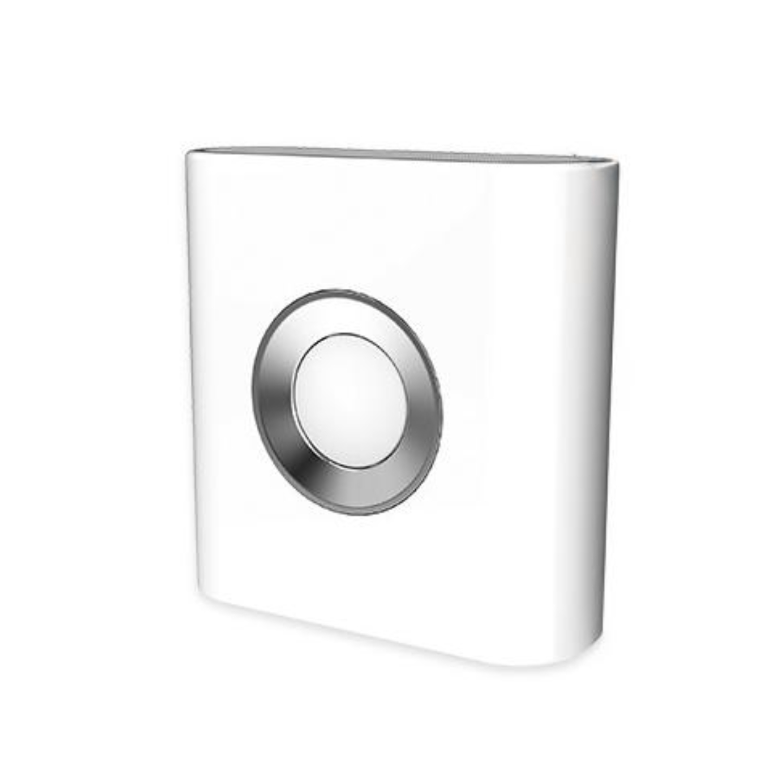 Weiße, modern aussehende Türklingel mit silbernem Ring um einen zentralen Knopf, weißer Hintergrund.