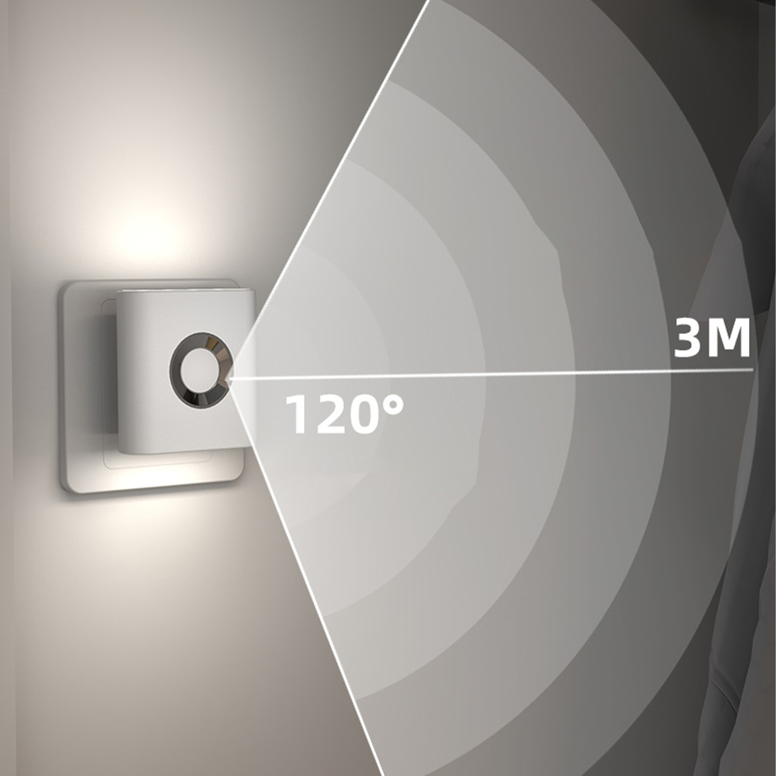 Weißes Nachtlicht in einer Steckdose. Zeigt 120° Abdeckung und eine Reichweite von 3 m. Grauer Hintergrund.