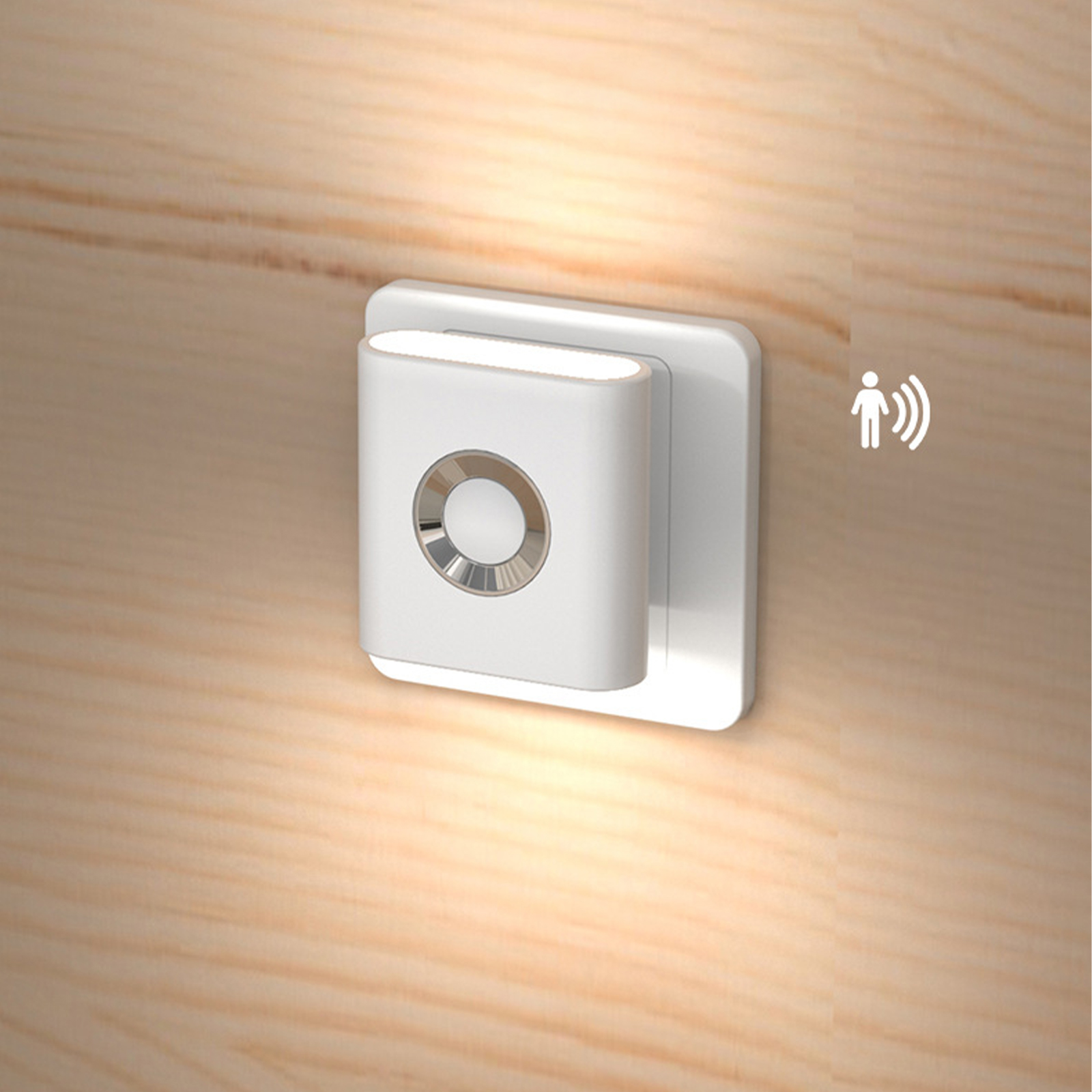 Ein weißes, an der Wand befestigtes Nachtlicht mit quadratischer Form. Es hat ein Licht und ein Personensymbol.