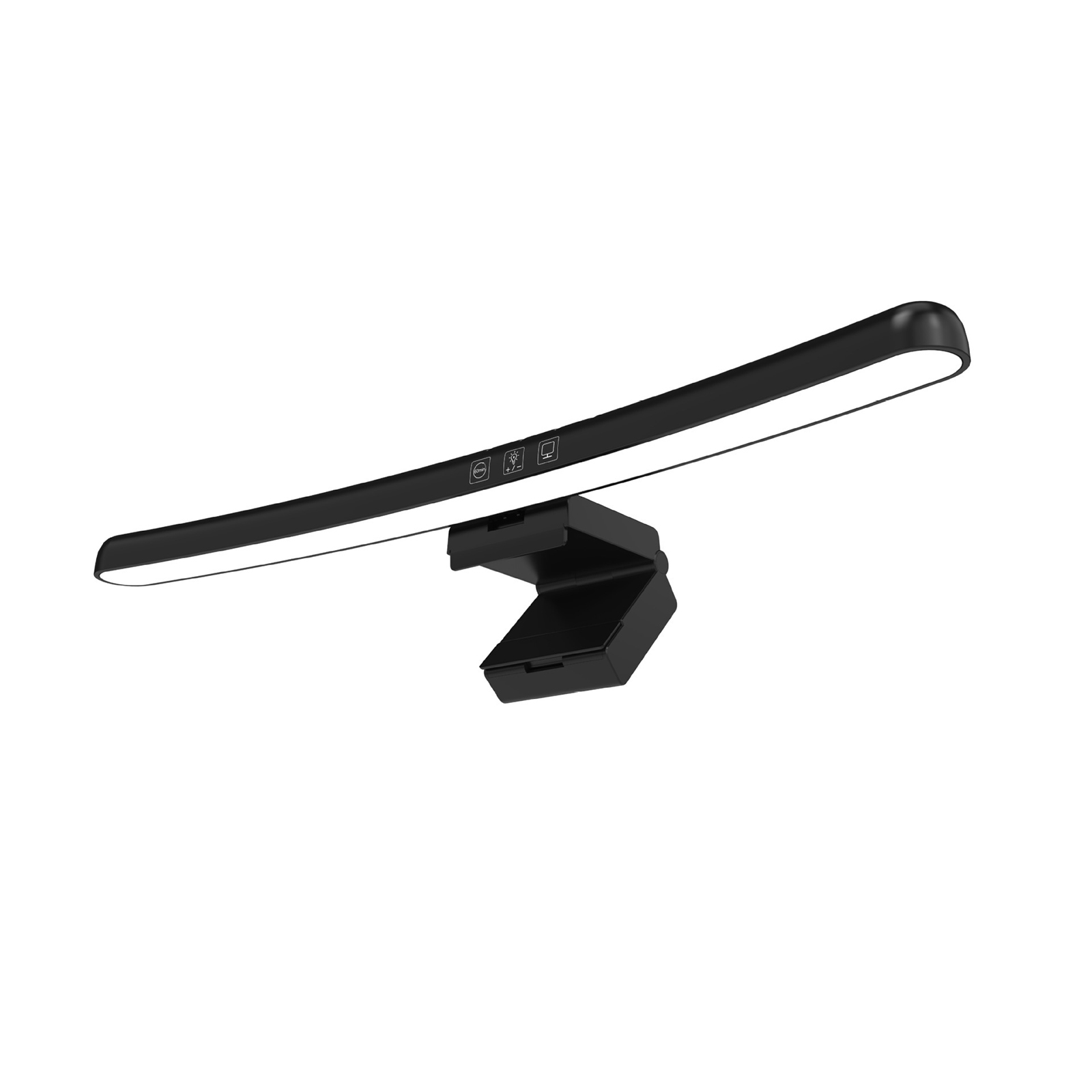 Schwarze Schreibtischlampe mit länglicher LED-Leuchte und schwarzem Sockel.