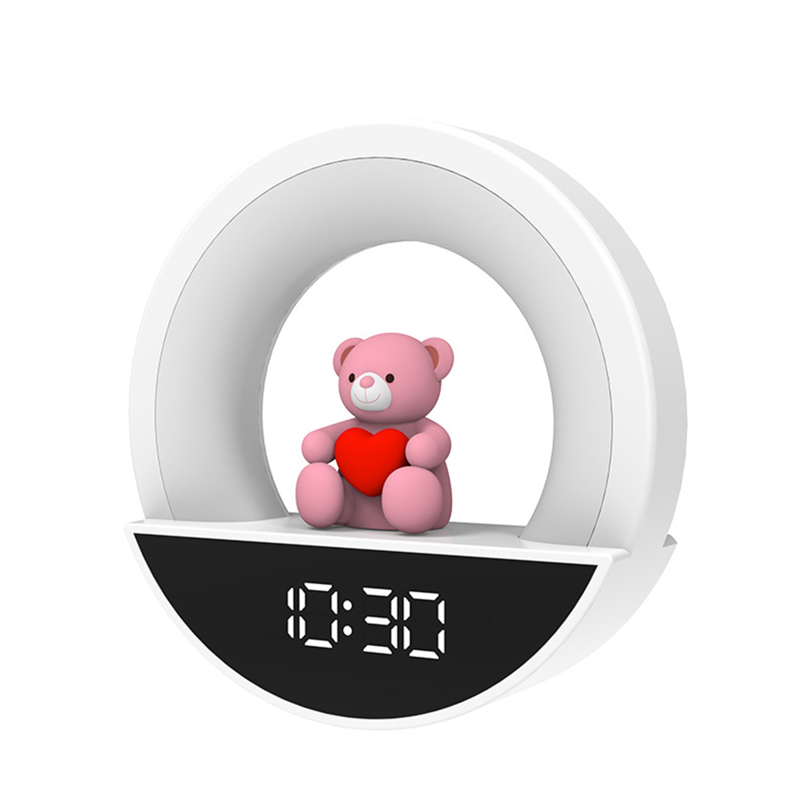 Ein weißes Nachtlicht mit einem rosa Teddybären, der ein rotes Herz hält. Digitaluhr darunter.