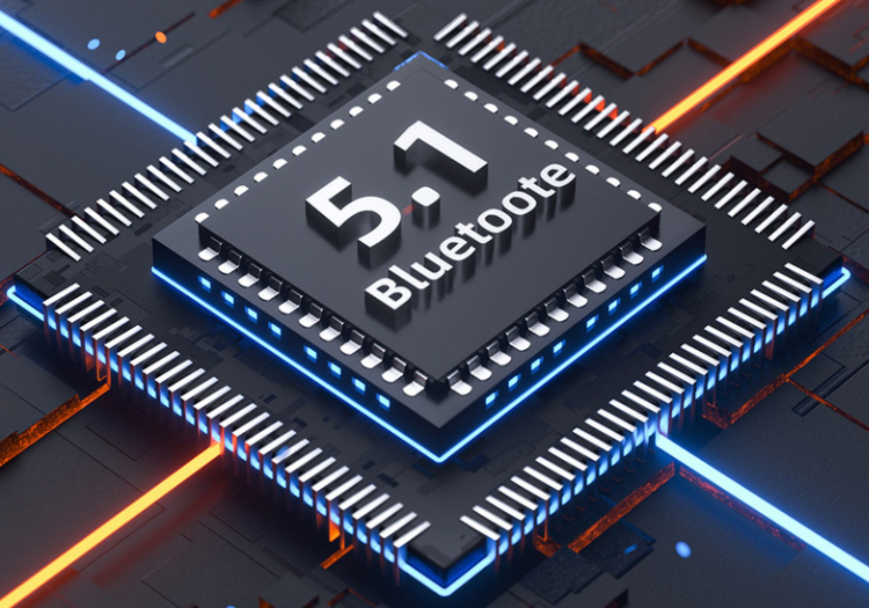 Nahaufnahme eines schwarzen Computerchips mit 5.1 Bluetooth-Label und blau/orangen Lichtern.