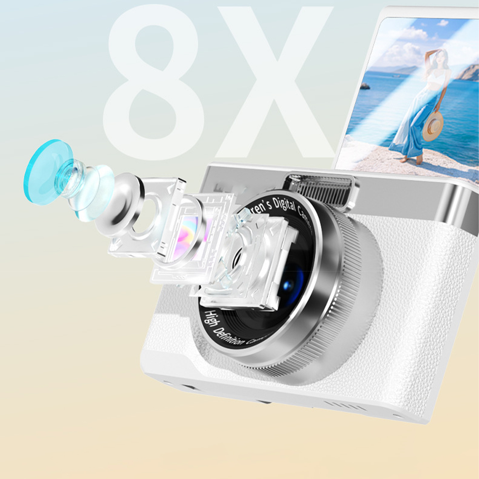 Weiße Kamera mit Objektiv und sichtbaren Innenteilen. Text: 8X, High Definition.