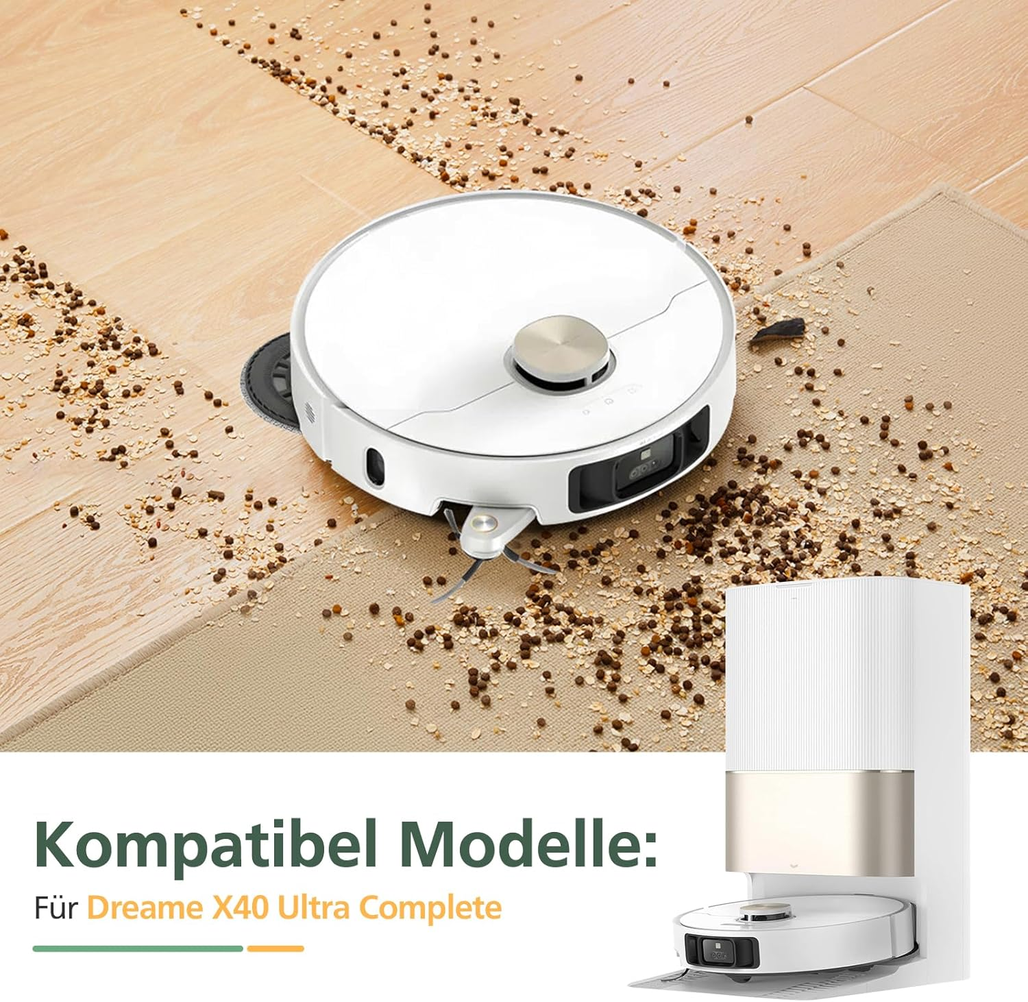 Biały robot sprzątający na drewnianej podłodze, z resztkami wokół. Stacja dokująca w tle.