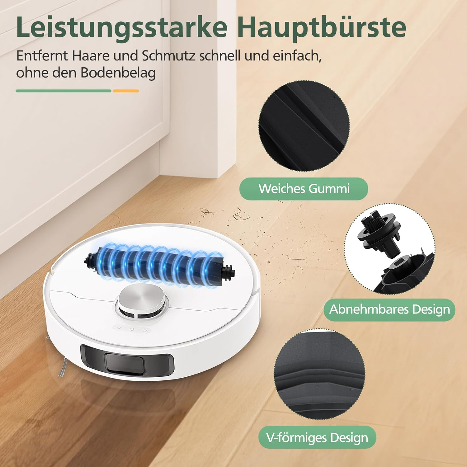 Biały robot sprzątający z wyróżnionymi cechami szczotki głównej i szczegółami konstrukcyjnymi.