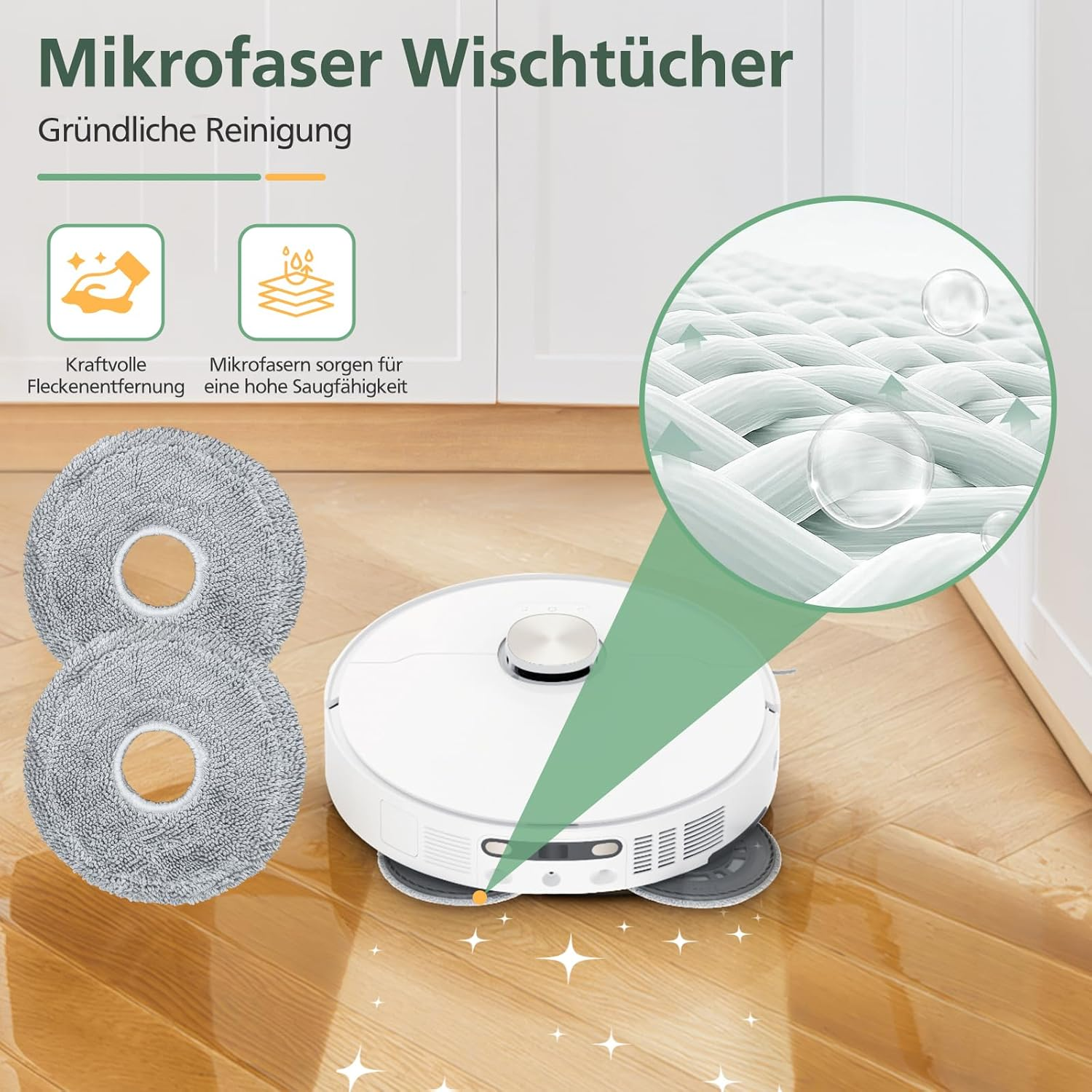 Biały odkurzacz robot z nakładkami do czyszczenia i dwiema szarymi nakładkami do czyszczenia, z tekstem po niemiecku.