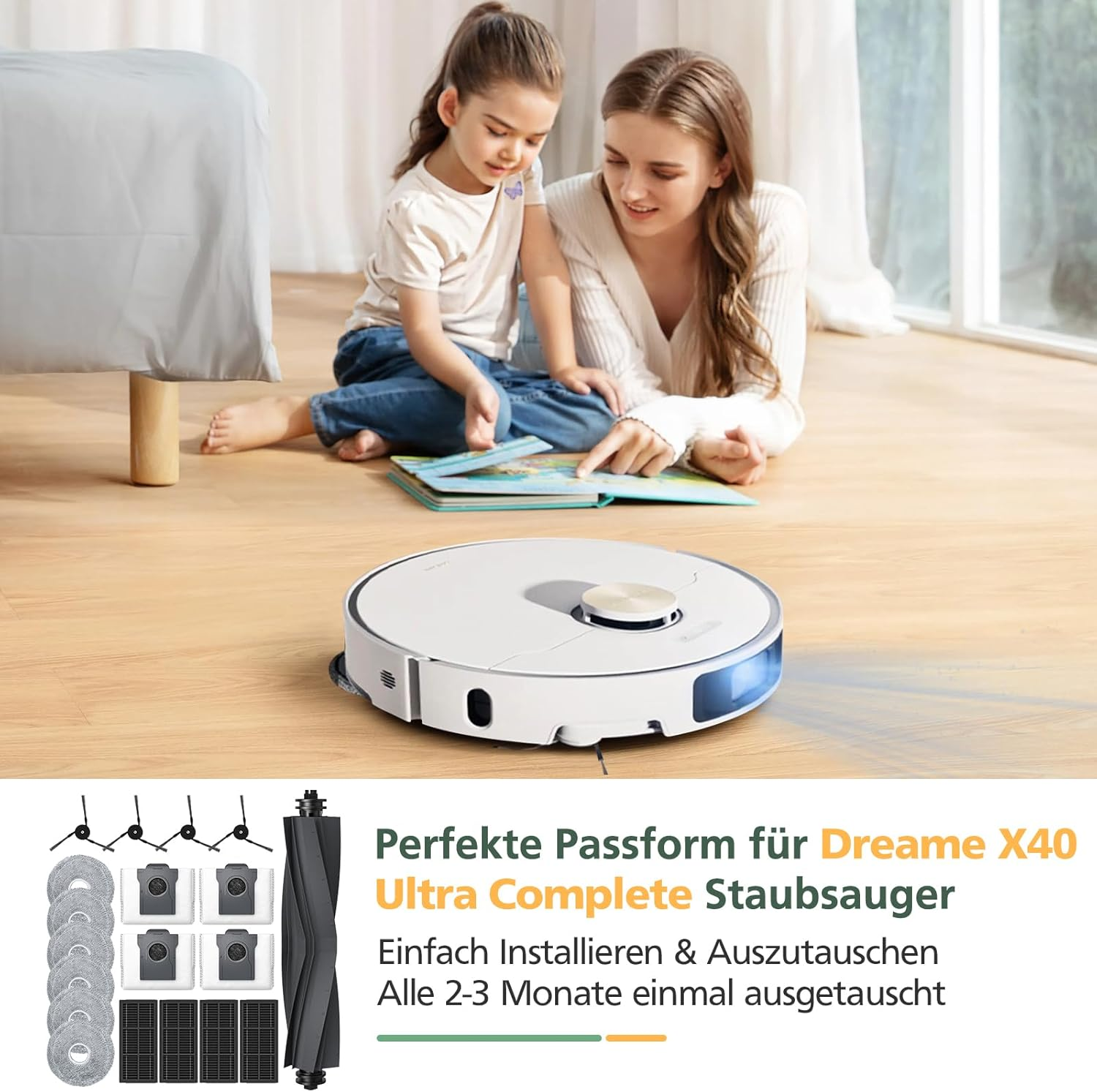 Robot sprzątający i dwie kobiety. Tekst mówi: Idealne dopasowanie do Dreame X40, łatwa instalacja, wymiana co 2-3 miesiące.
