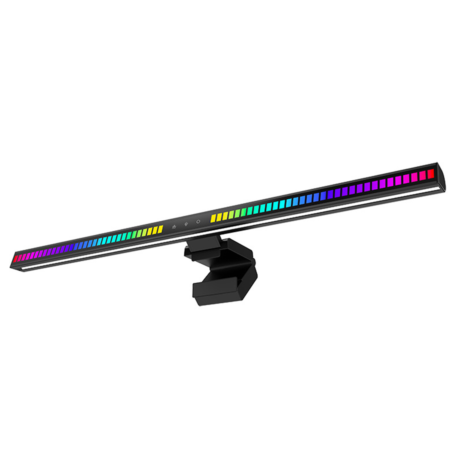 Eine schwarze LED-Lichtleiste mit mehrfarbigen Lichtern und einem Befestigungsclip.