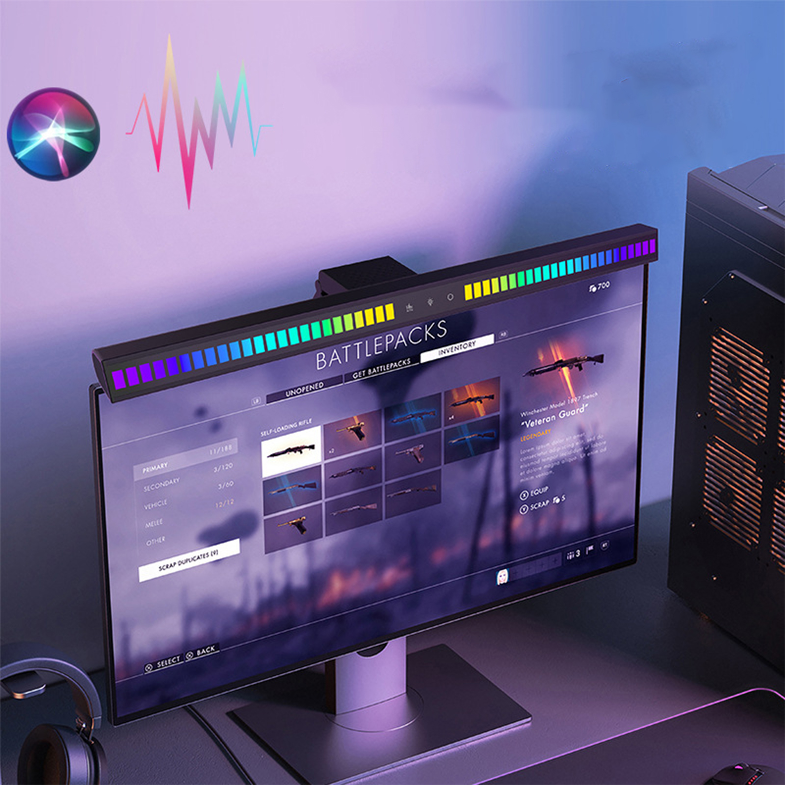 Gaming-Monitor mit Lichtleiste, der eine Spieloberfläche anzeigt.