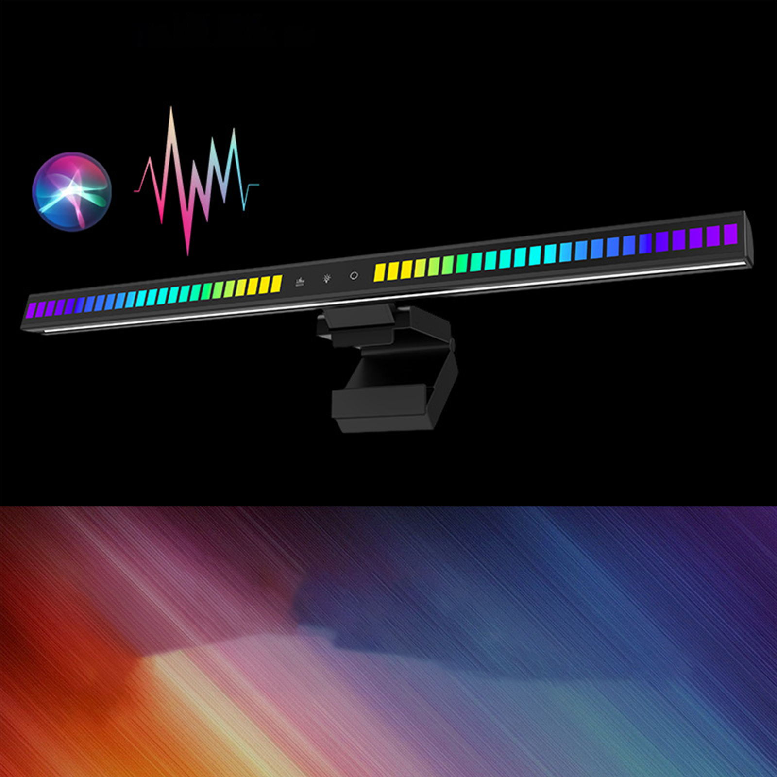 RGB LED-Lichtleiste. Schwarz, mit farbigen Lichtern und einem schwarzen Ständer. Schwarzer Hintergrund.