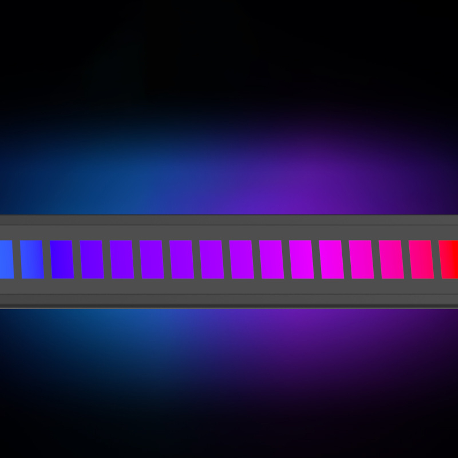 LED-Streifen mit Farbblöcken. Schwarzer Hintergrund mit blauem und violettem Licht.