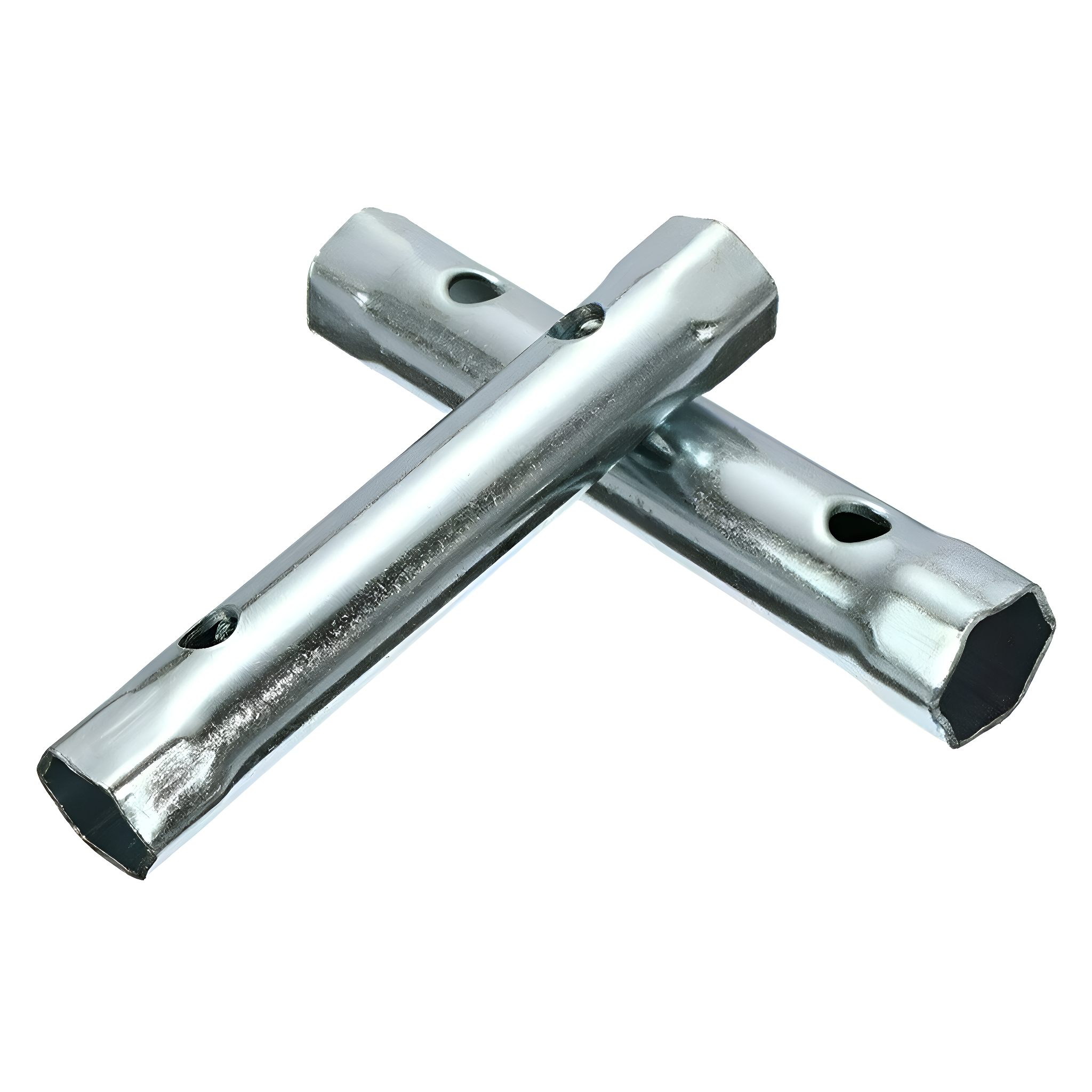 Zwei gekreuzte Rohrzangen aus Metall. Sie sind silberfarben und auf weißem Hintergrund.
